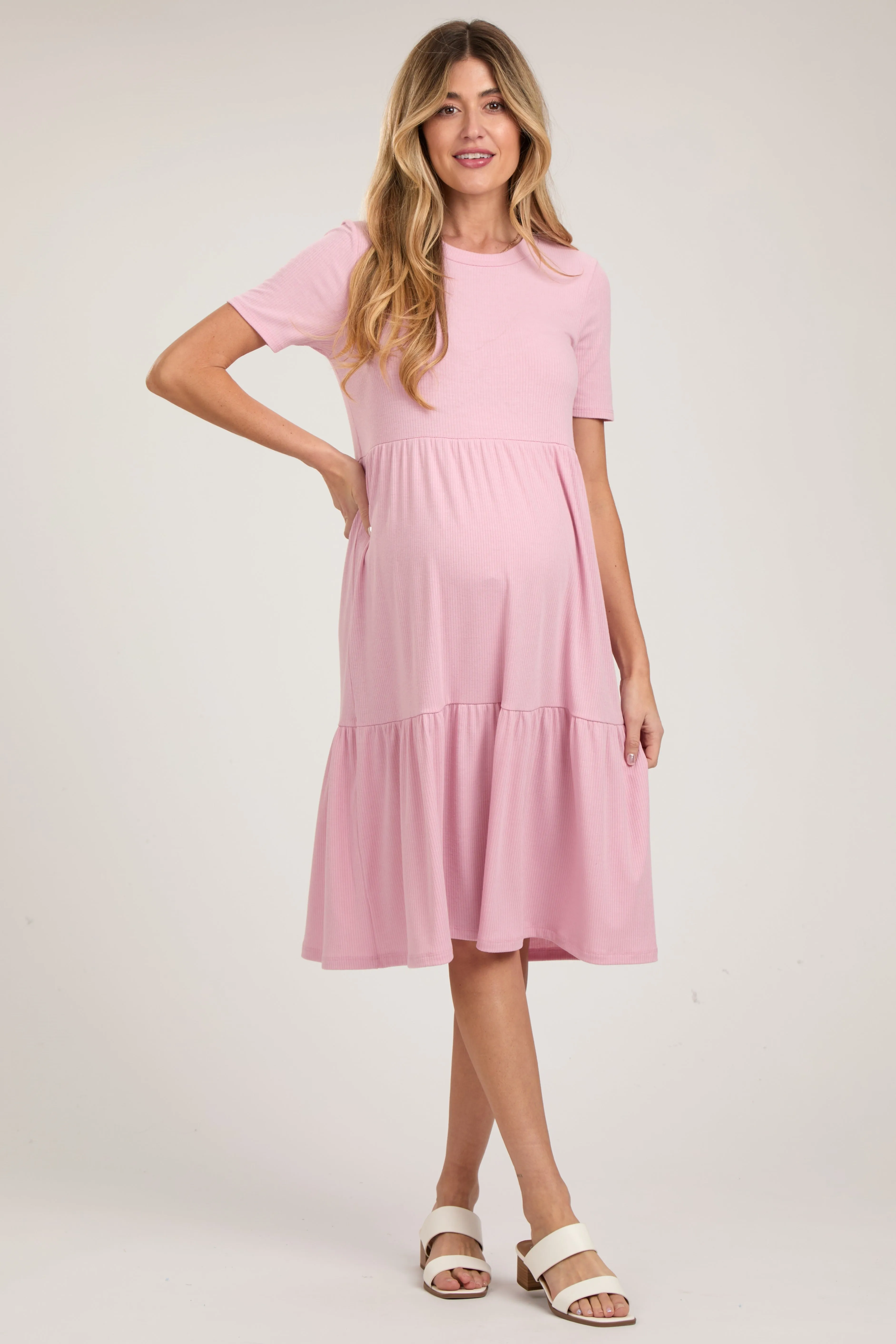 Pink Ribbed Tiered Maternity Midi Dress sold by Pinkblush