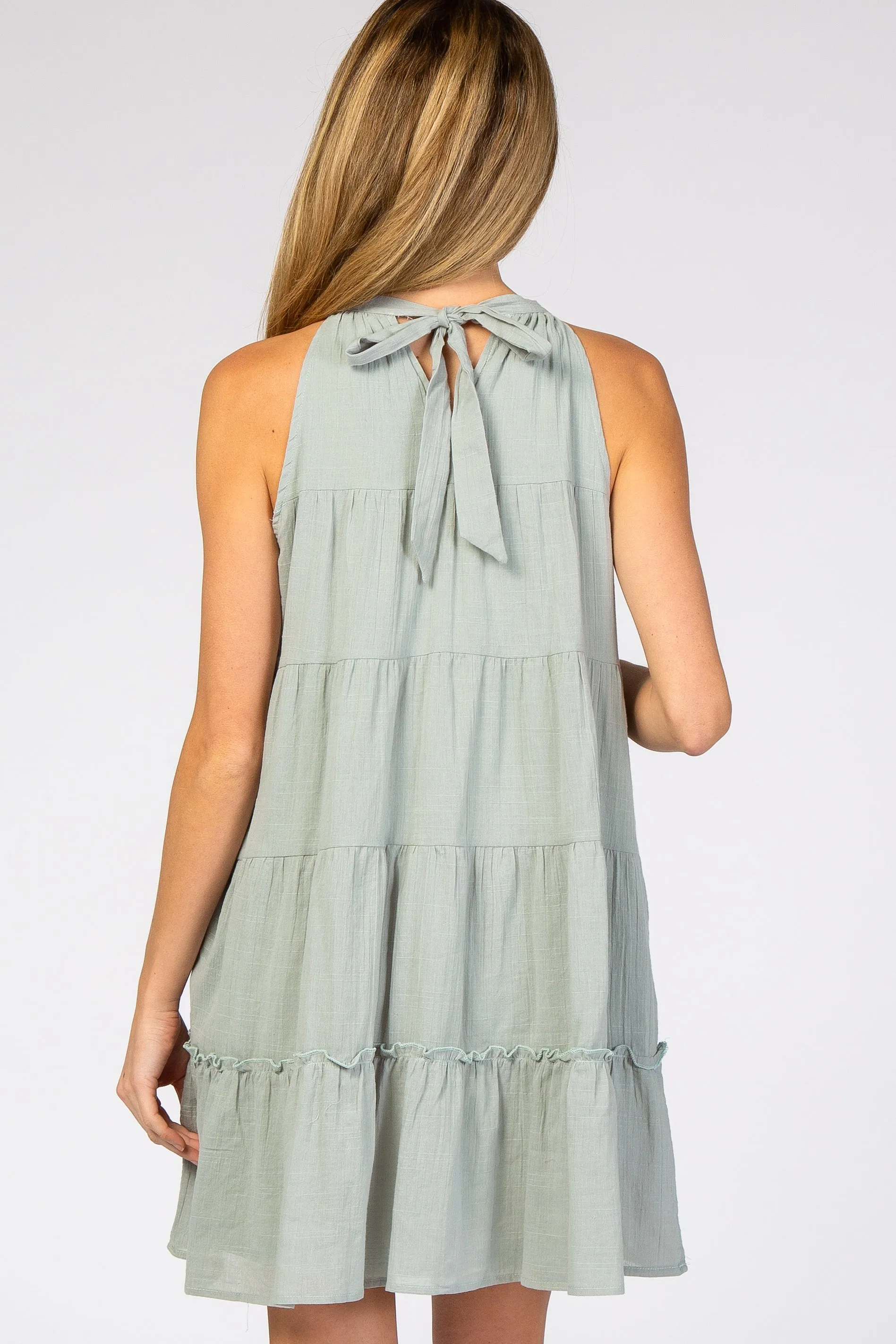 Mint Green Mock Neck Ruffle Tiered Linen Maternity Dress sold by Pinkblush product image thumbnail 3