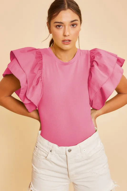 Pink Ruffle Sleeve Crew Neck Knit Bodysuit sold by Pinkblush