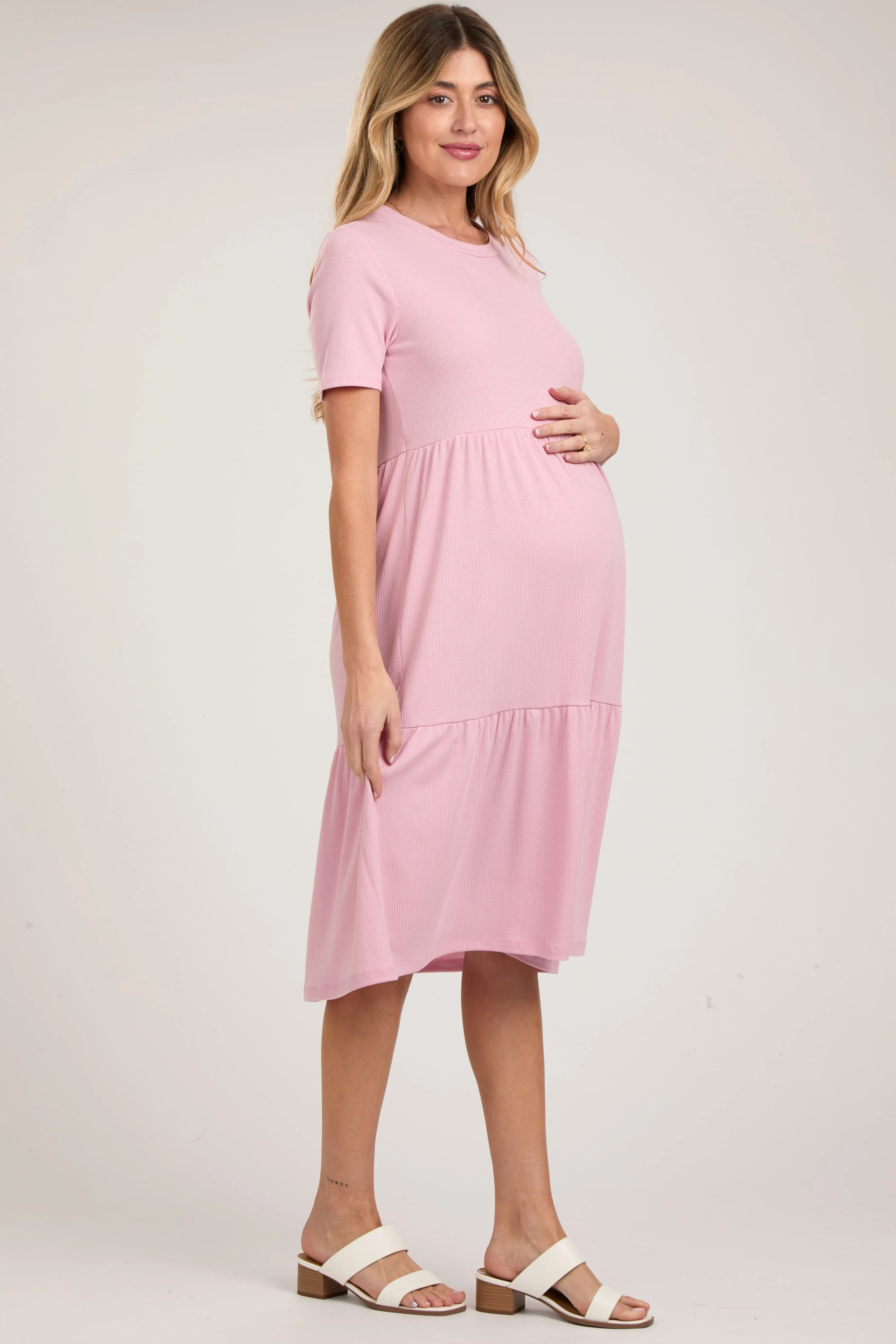 Pink Ribbed Tiered Maternity Midi Dress sold by Pinkblush product image thumbnail 2