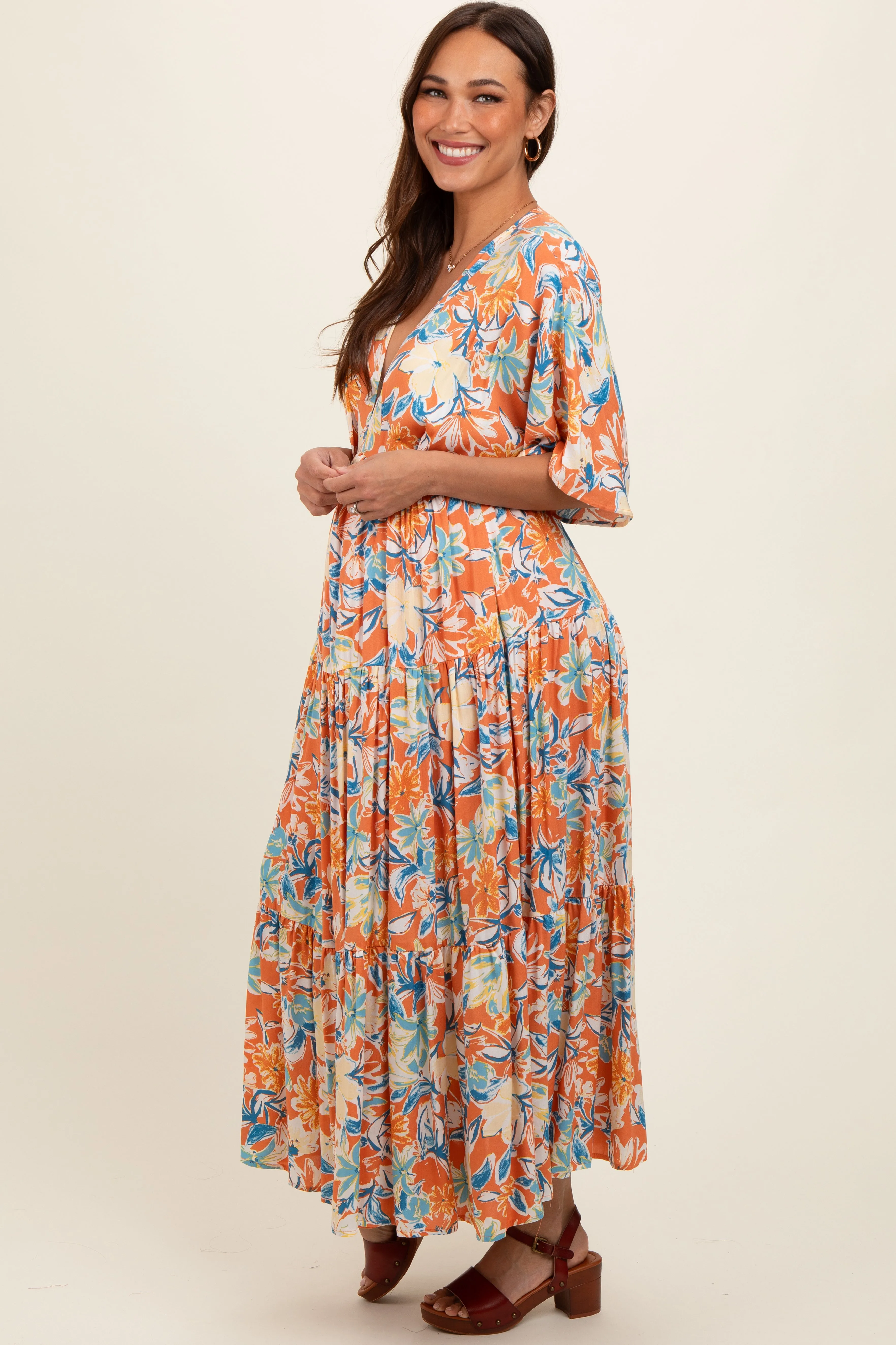 Peach Floral Dolman Sleeve Tiered Maternity Dress sold by Pinkblush product image thumbnail 3
