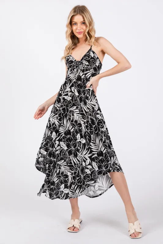 Black Tropical Floral Front Tie Midi Dress sold by Pinkblush
