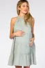Mint Green Mock Neck Ruffle Tiered Linen Maternity Dress sold by Pinkblush