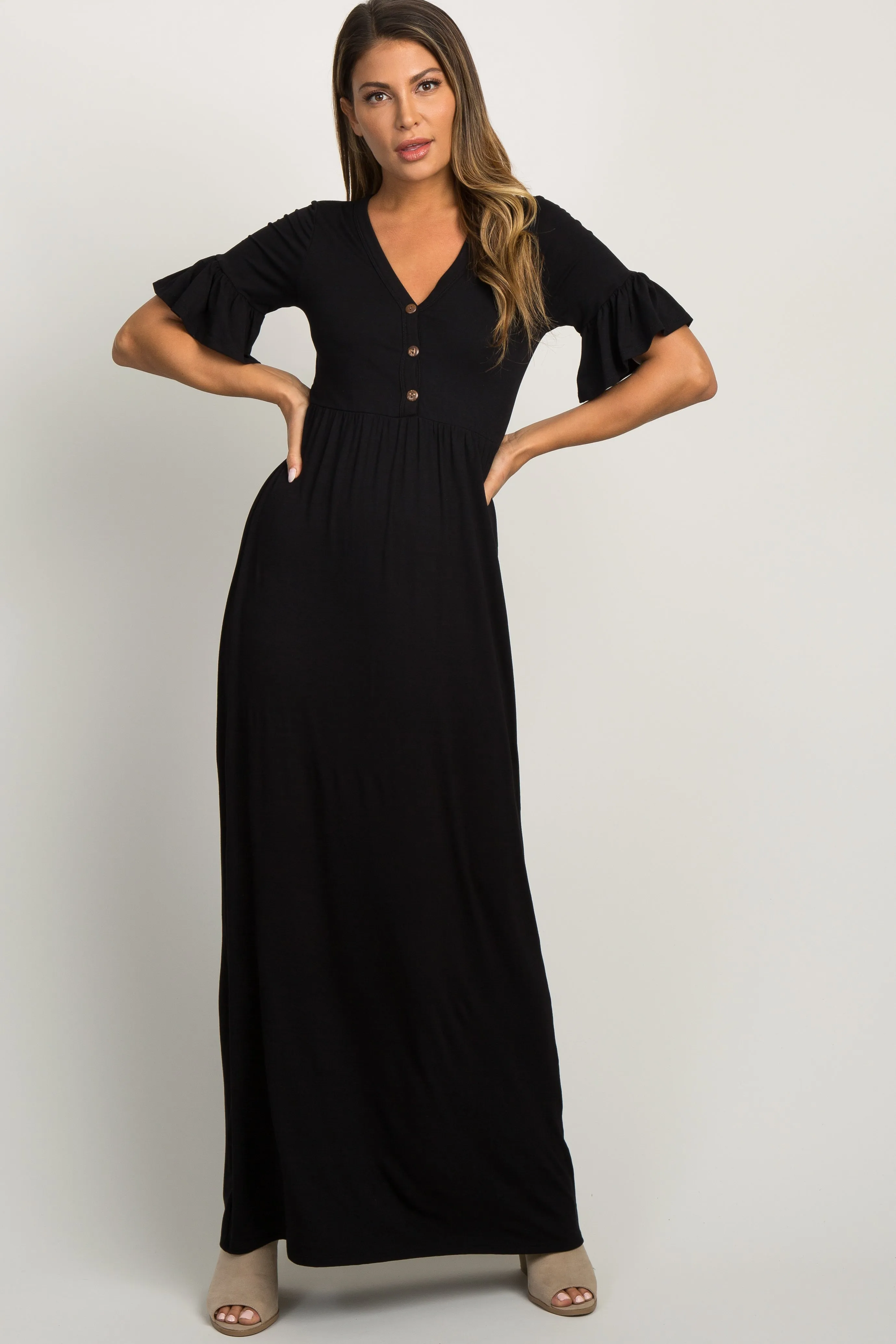 Black Button Ruffle Sleeve Maternity Maxi Dress sold by Pinkblush product image thumbnail 4