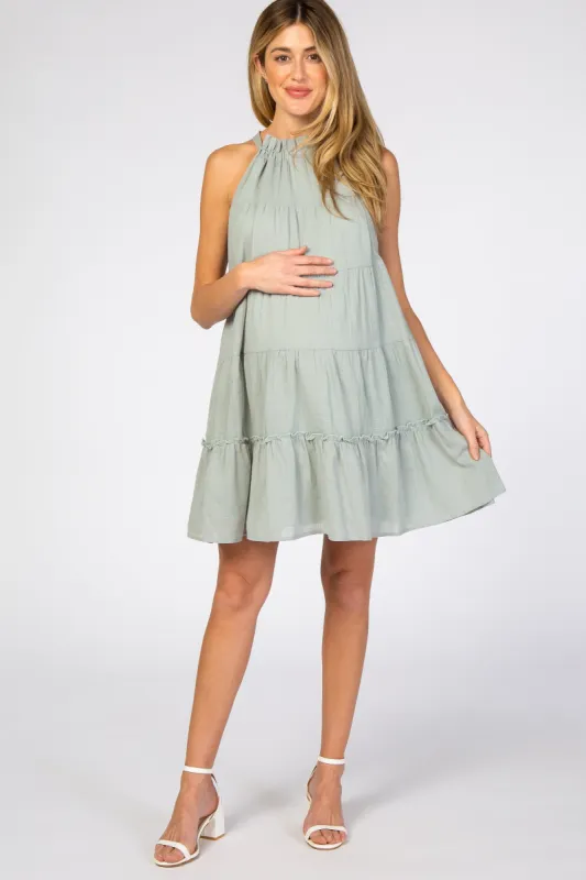Mint Green Mock Neck Ruffle Tiered Linen Maternity Dress sold by Pinkblush