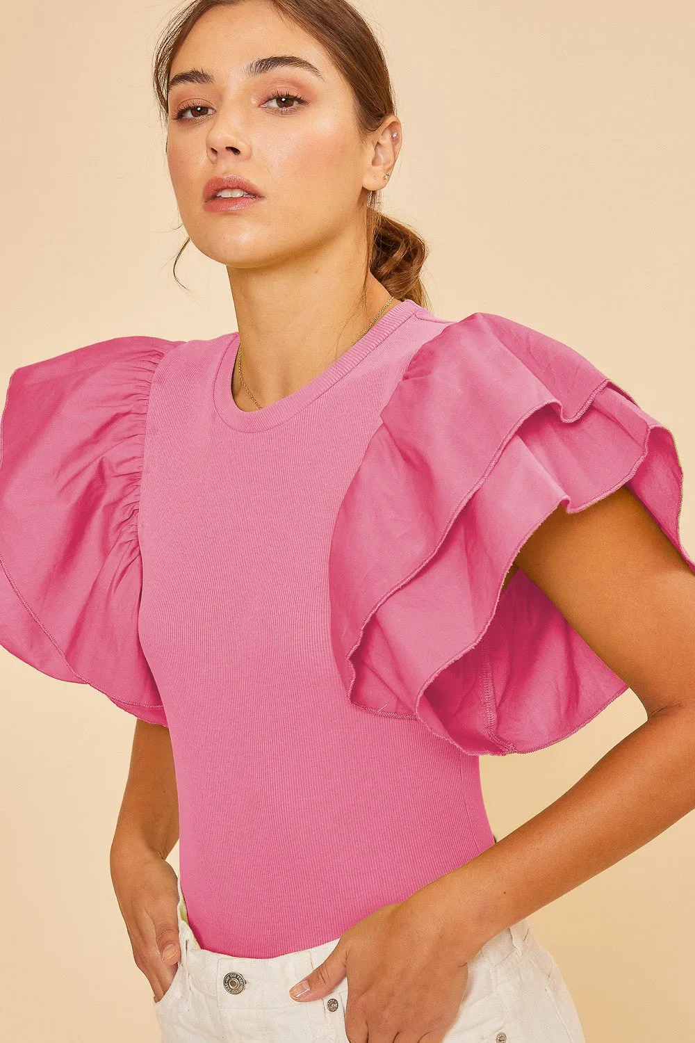 Pink Ruffle Sleeve Crew Neck Knit Bodysuit sold by Pinkblush product image thumbnail 2