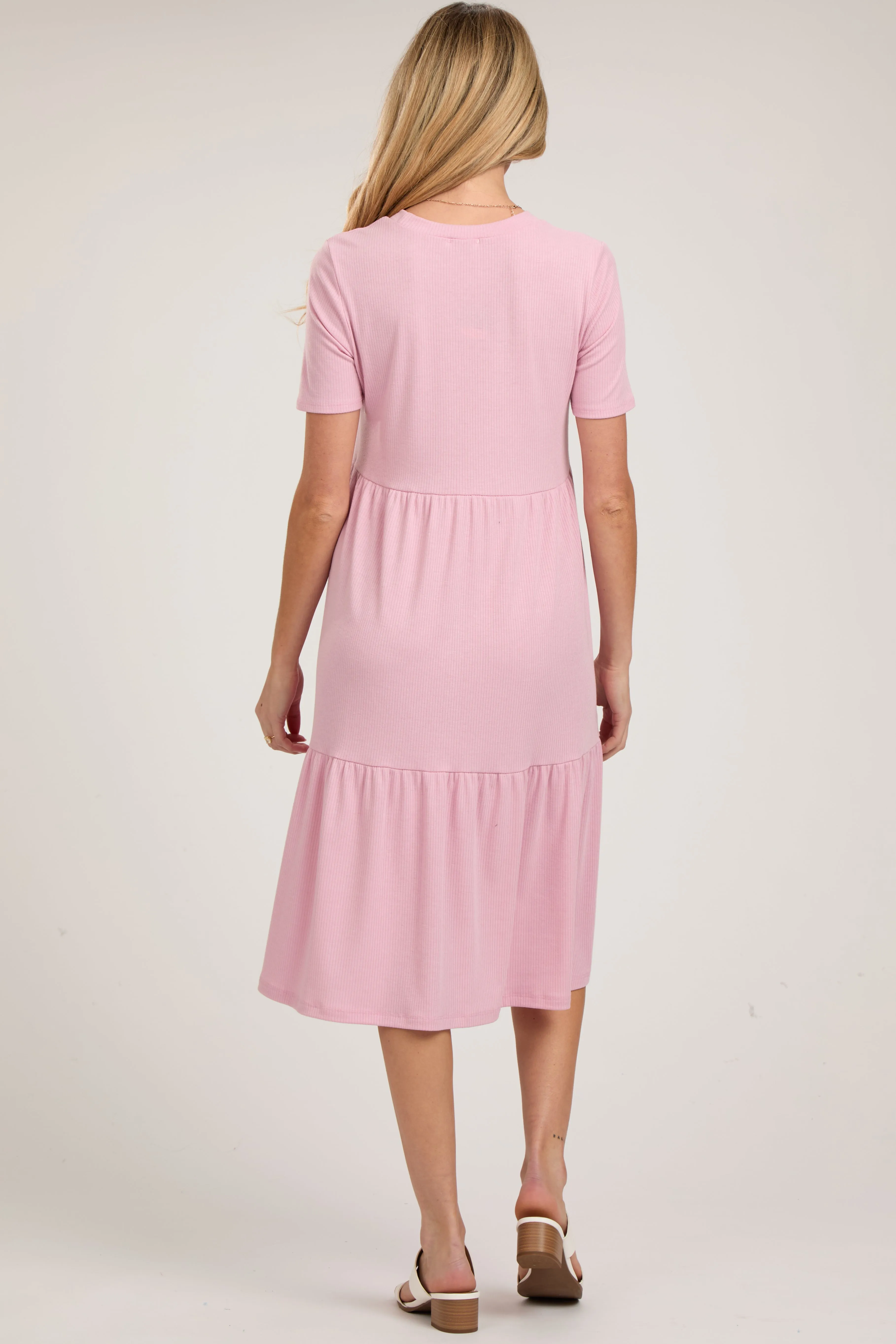 Pink Ribbed Tiered Maternity Midi Dress sold by Pinkblush product image thumbnail 3