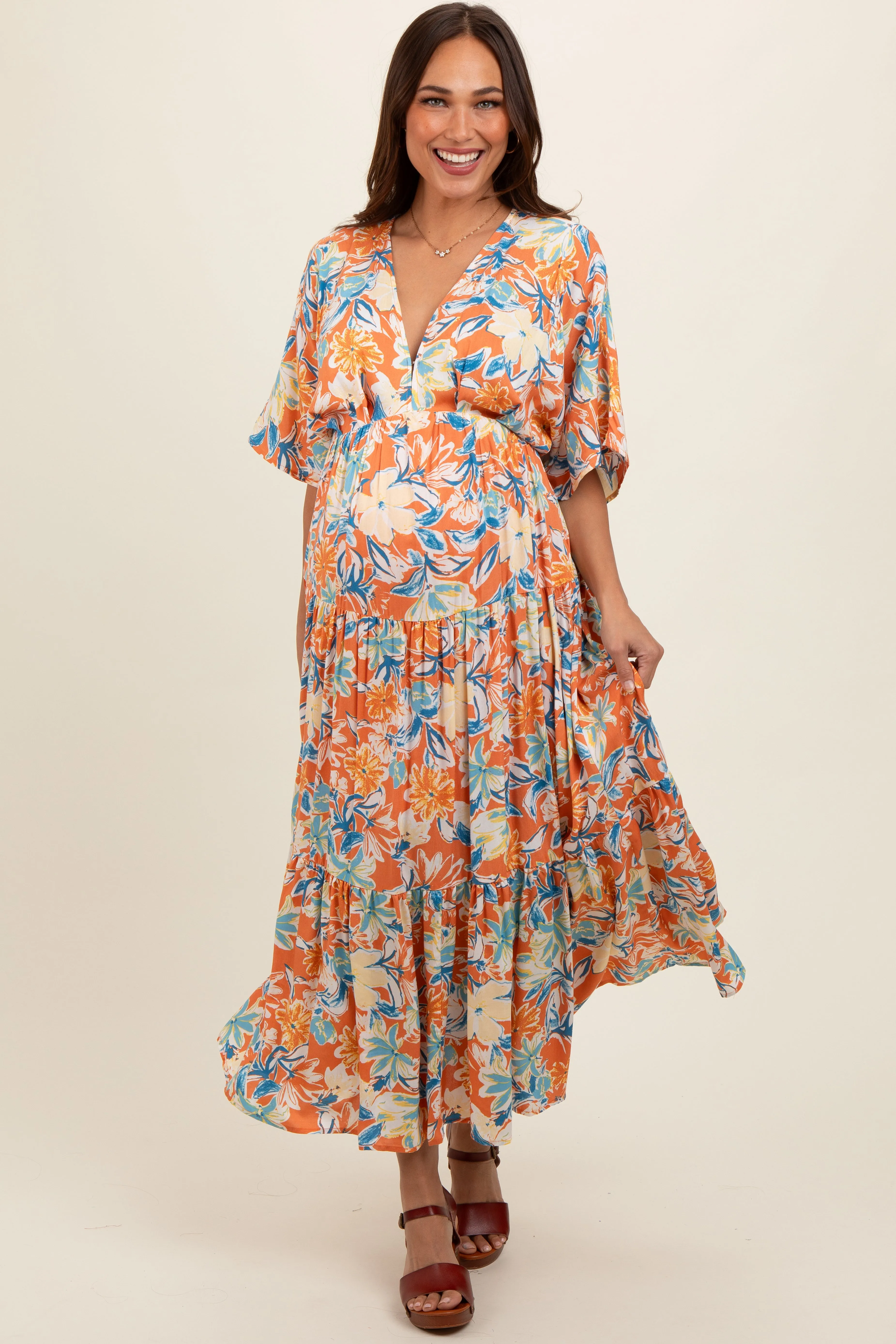 Peach Floral Dolman Sleeve Tiered Maternity Dress sold by Pinkblush