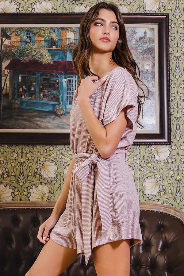 Mauve Waist Tie Detail Solid Ribbed Knit Romper sold by Pinkblush product image thumbnail 3