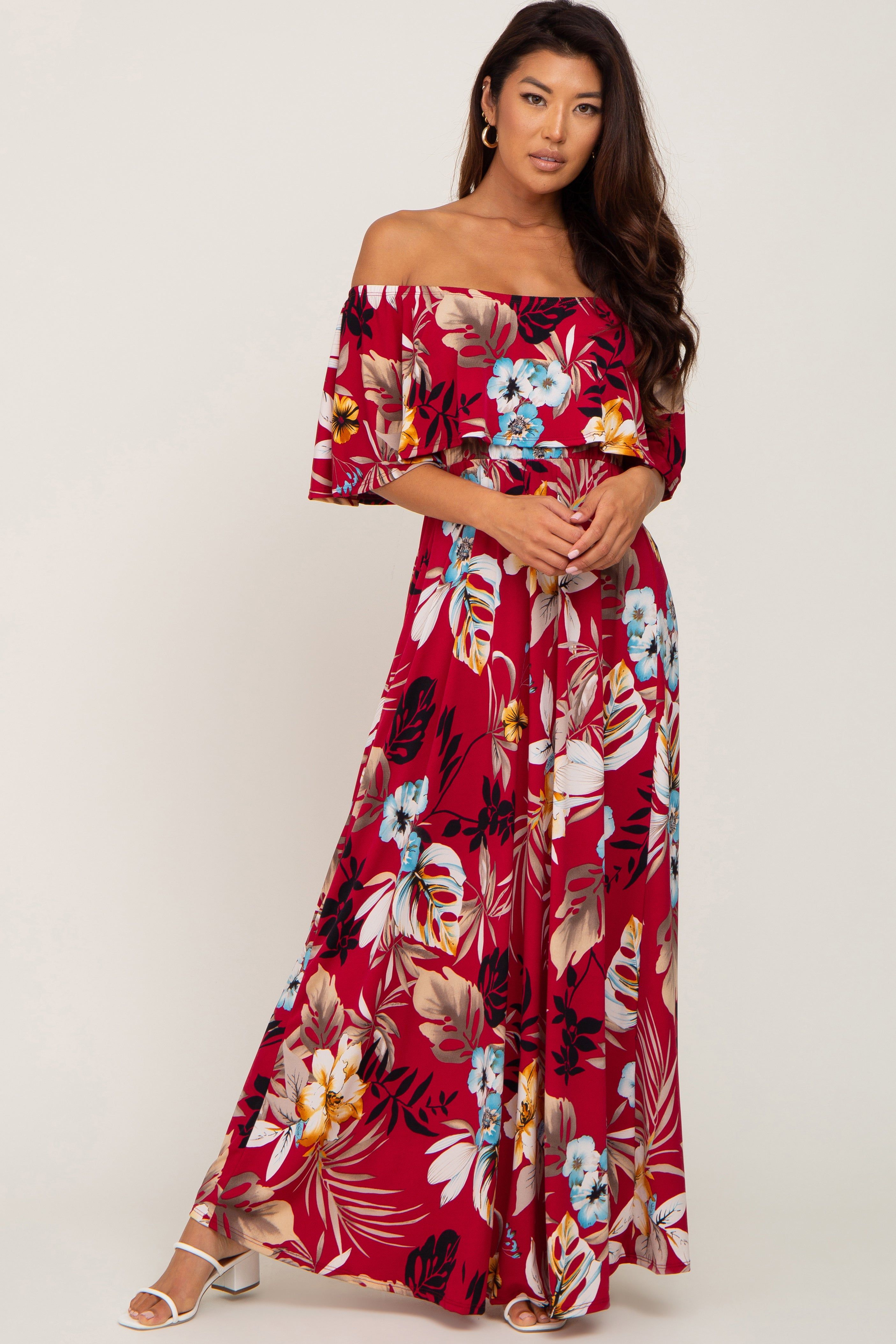 Burgundy Floral Flounce Off Shoulder Maxi Dress sold by Pinkblush