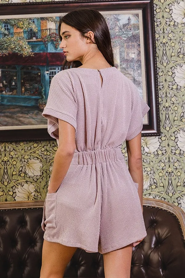 Mauve Waist Tie Detail Solid Ribbed Knit Romper sold by Pinkblush product image thumbnail 5