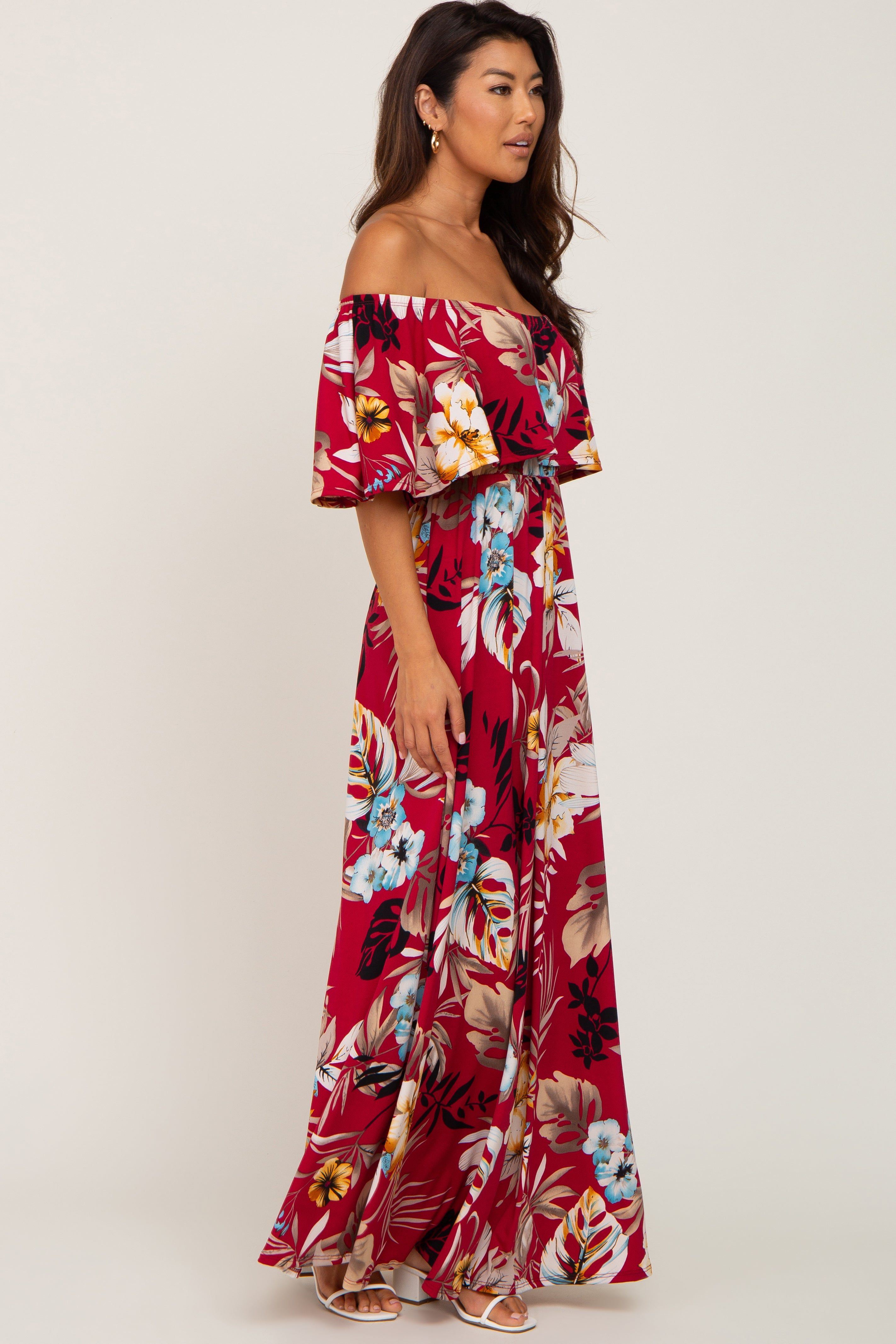Burgundy Floral Flounce Off Shoulder Maxi Dress sold by Pinkblush product image thumbnail 2