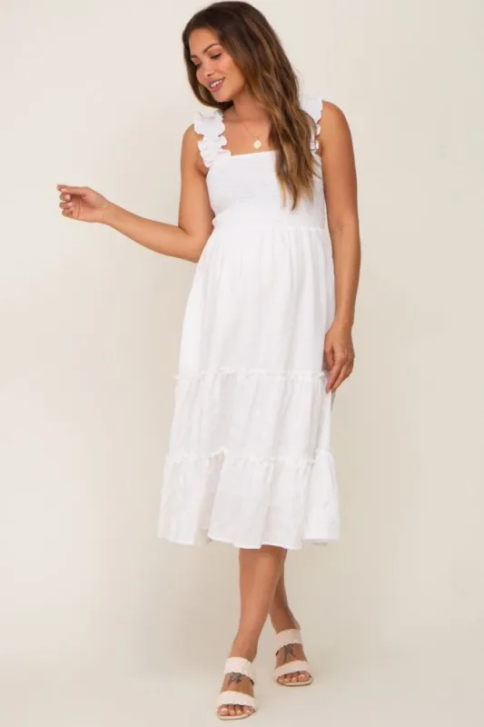 White Smocked Square Neck Ruffle Strap Tiered Maternity Midi Dress sold by Pinkblush