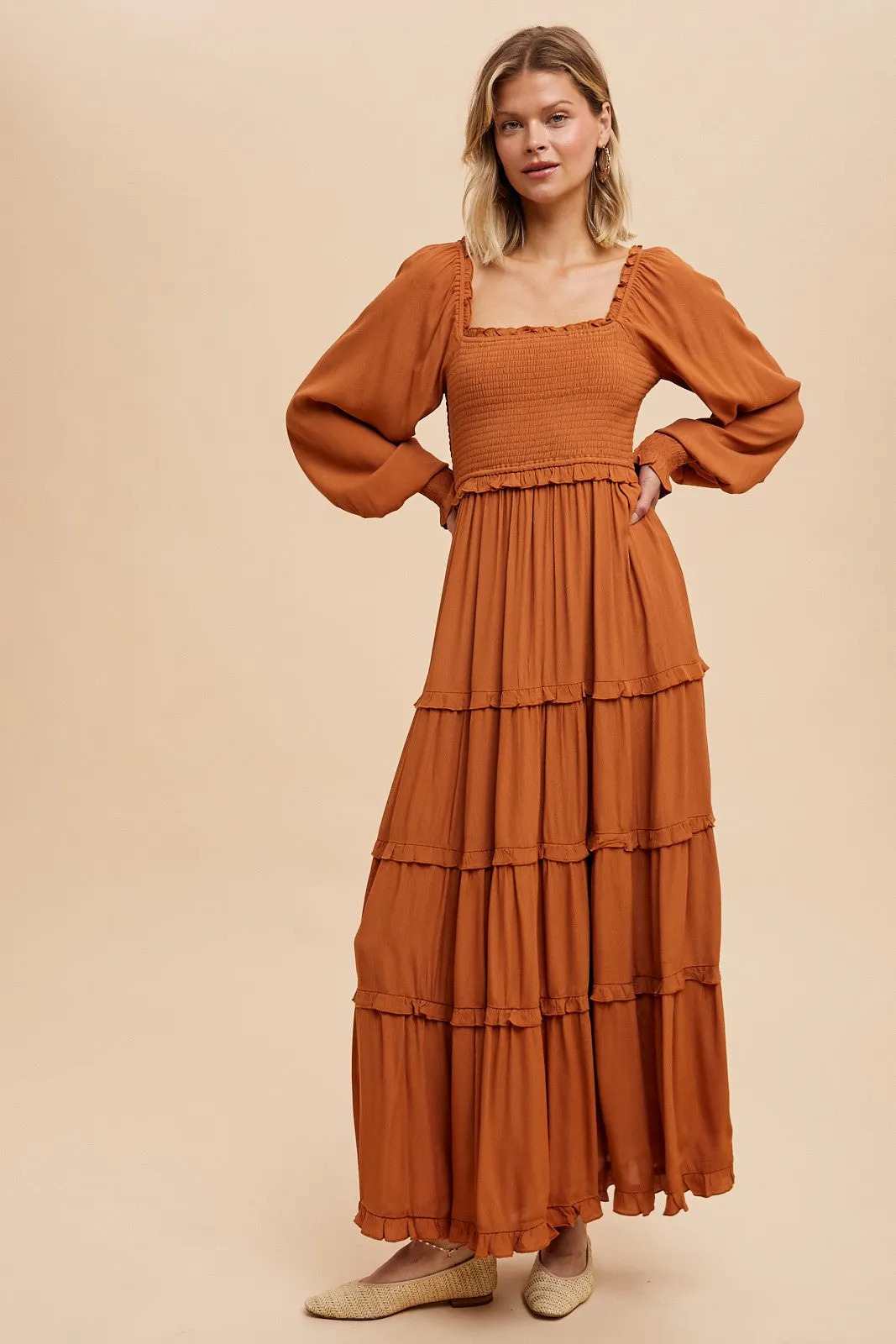 Camel Smocked Long Sleeve Ruffle Tiered Maxi Dress sold by Pinkblush product image thumbnail 2