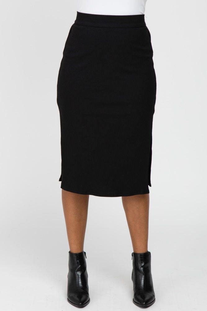 Black Ribbed Side Slit Midi Skirt sold by Pinkblush product image thumbnail 2