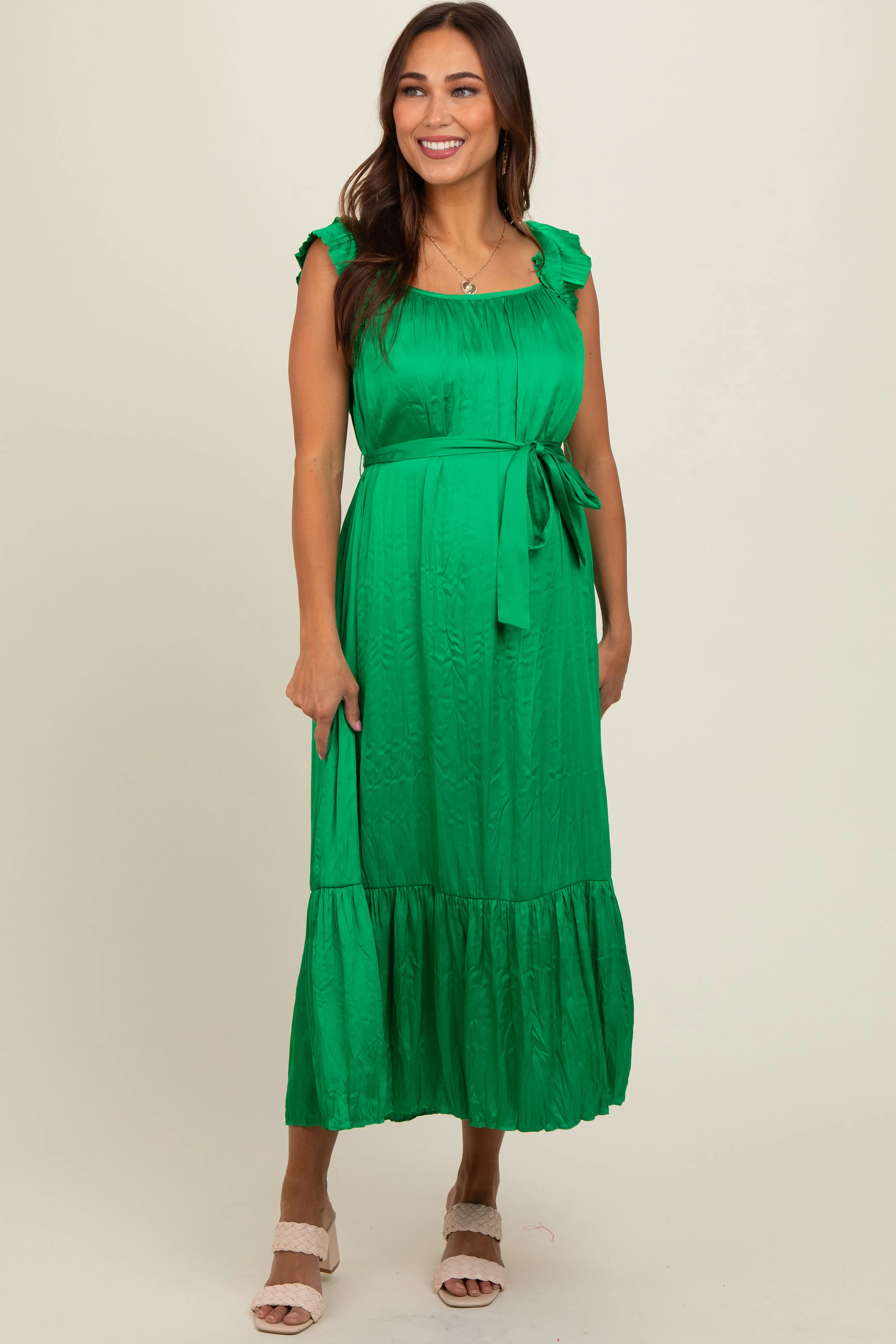 Green Ruffle Short Sleeve Self Tie Maternity Dress sold by Pinkblush