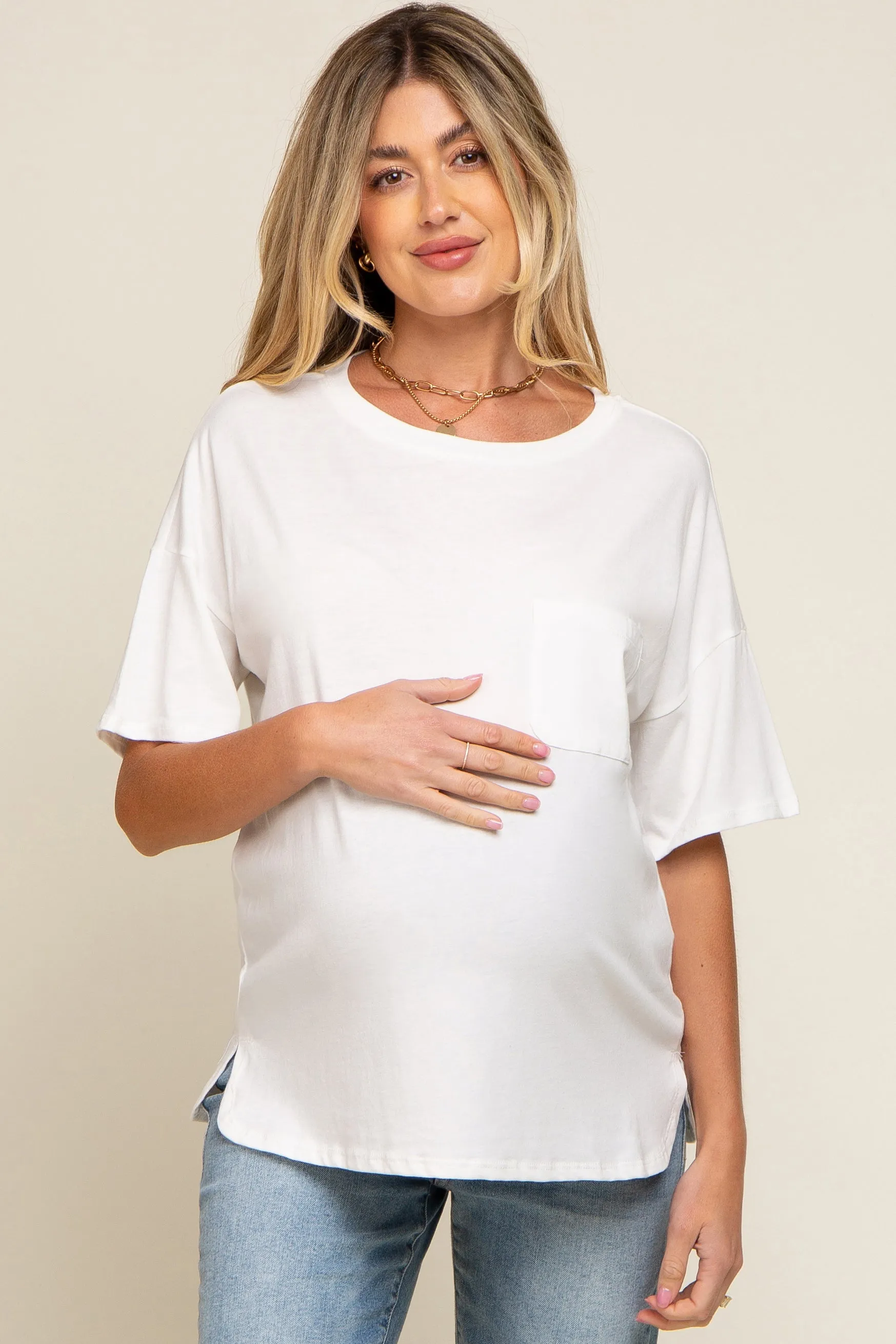 White Short Sleeve Pocketed Maternity Top sold by Pinkblush