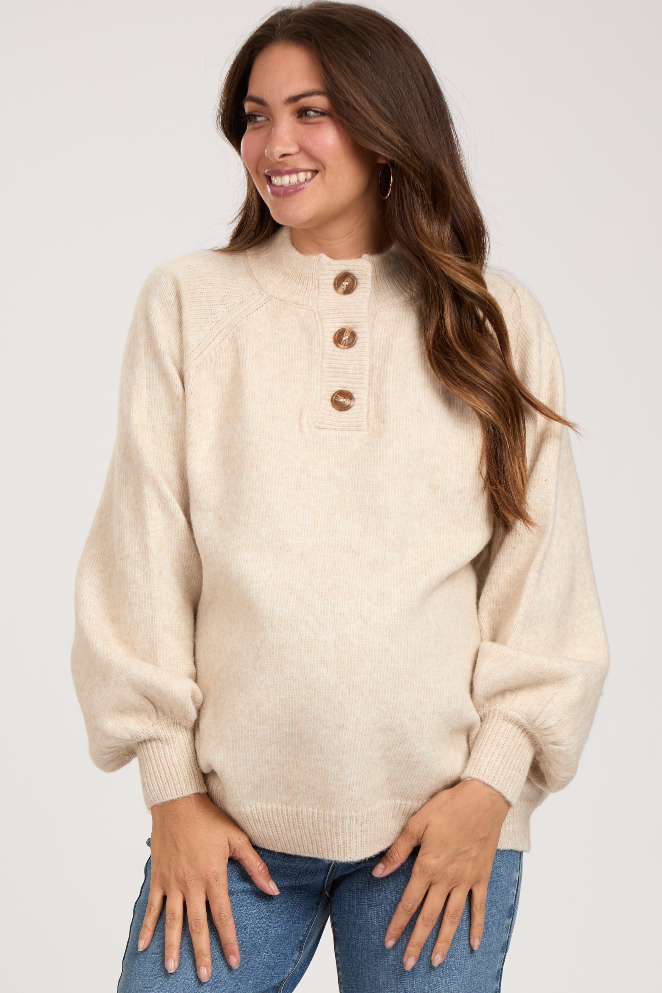 Cream Soft Knit Button Front Maternity Sweater sold by Pinkblush