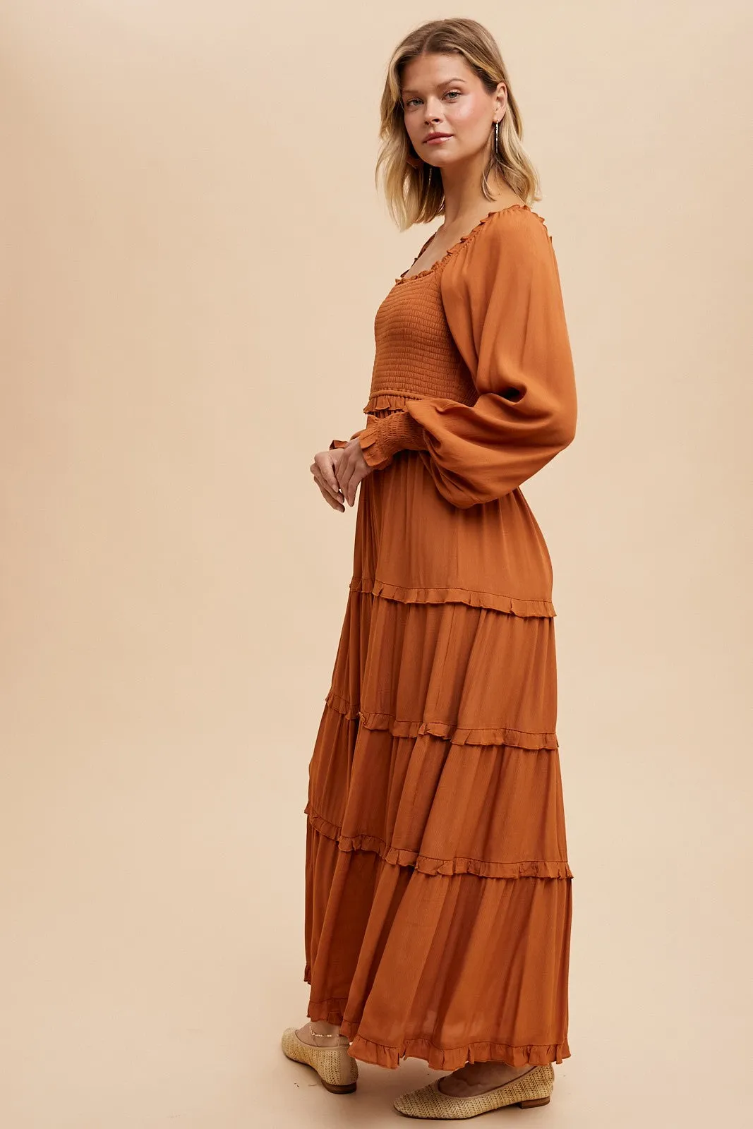 Camel Smocked Long Sleeve Ruffle Tiered Maxi Dress sold by Pinkblush product image thumbnail 3