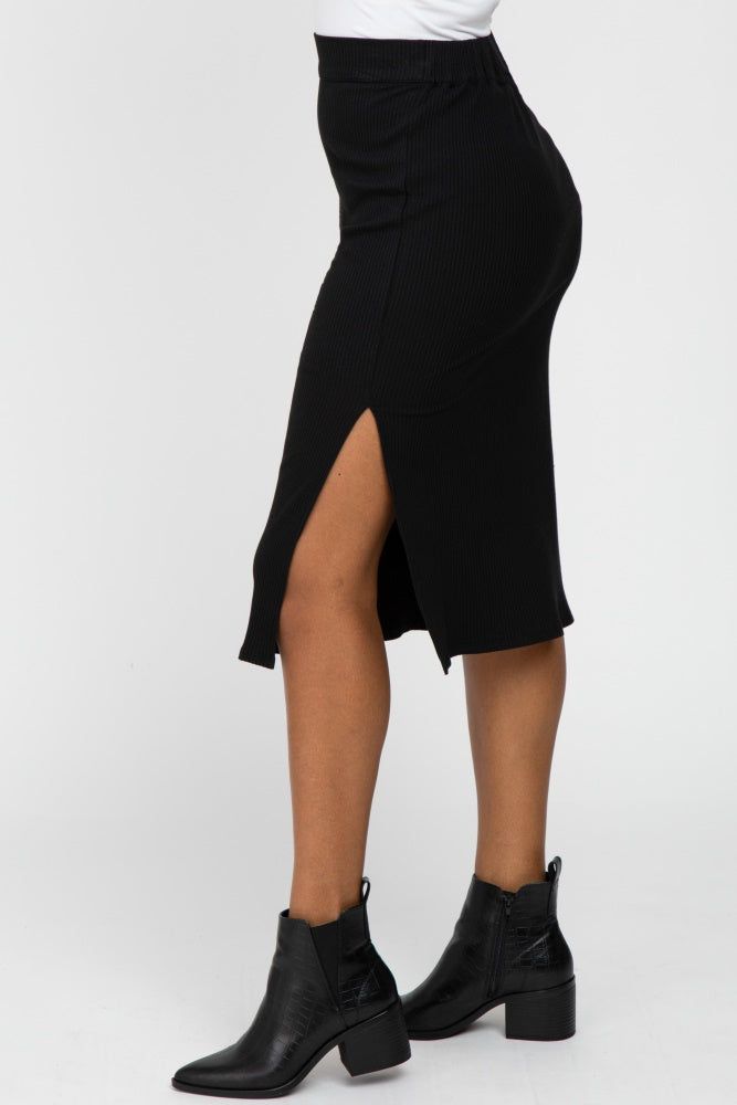 Black Ribbed Side Slit Midi Skirt sold by Pinkblush product image thumbnail 3