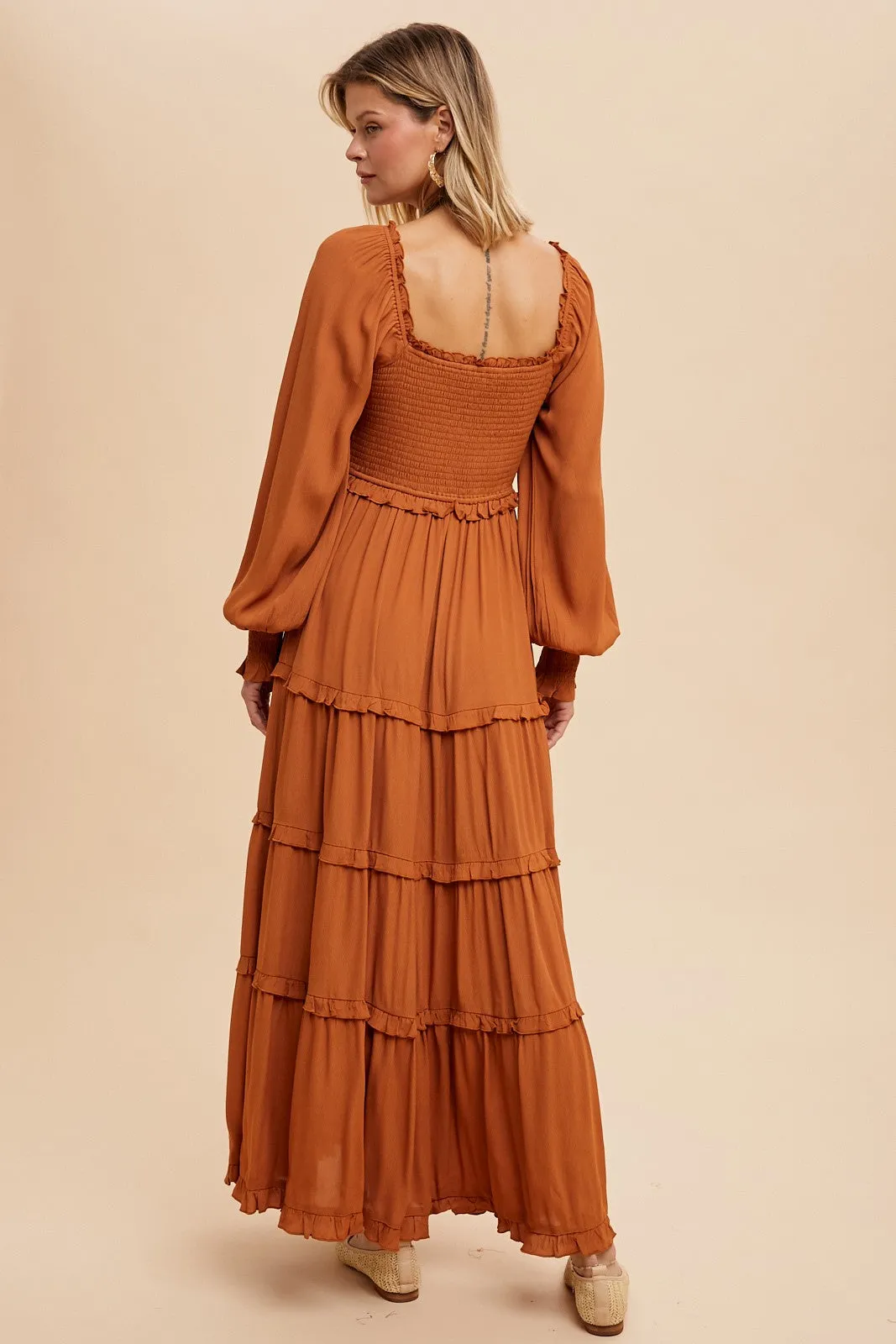 Camel Smocked Long Sleeve Ruffle Tiered Maxi Dress sold by Pinkblush product image thumbnail 4