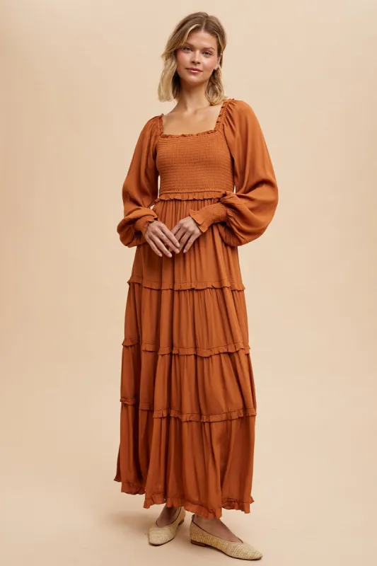 Camel Smocked Long Sleeve Ruffle Tiered Maxi Dress sold by Pinkblush