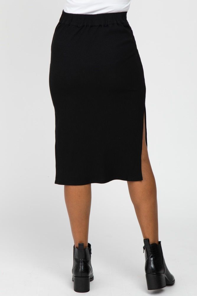 Black Ribbed Side Slit Midi Skirt sold by Pinkblush product image thumbnail 4