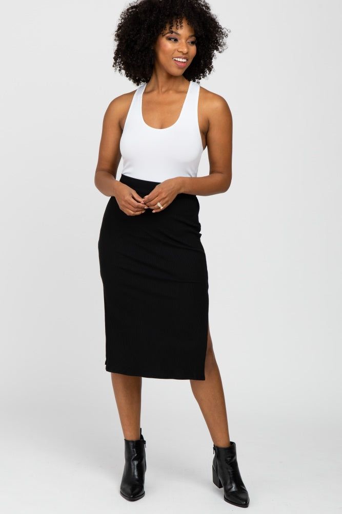 Black Ribbed Side Slit Midi Skirt sold by Pinkblush
