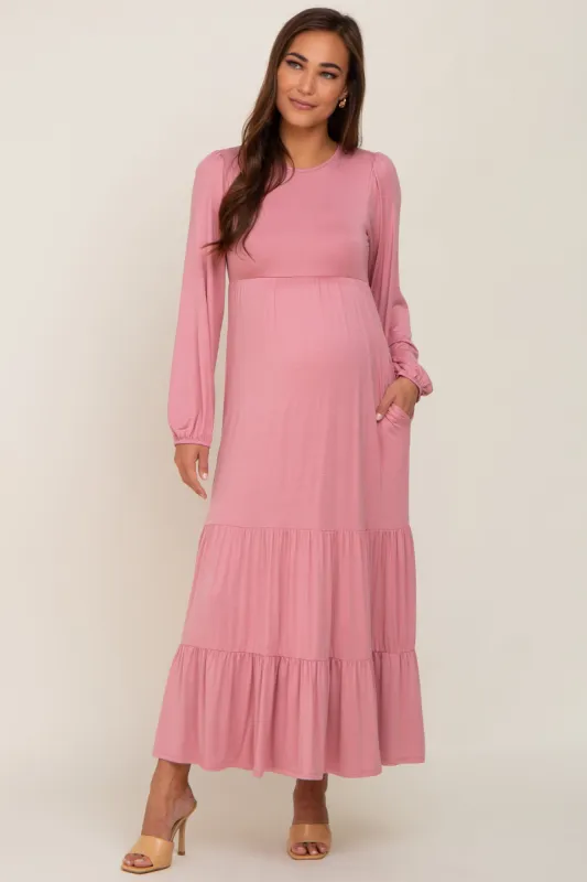 Mauve Long Sleeve Tiered Maternity Maxi Dress sold by Pinkblush