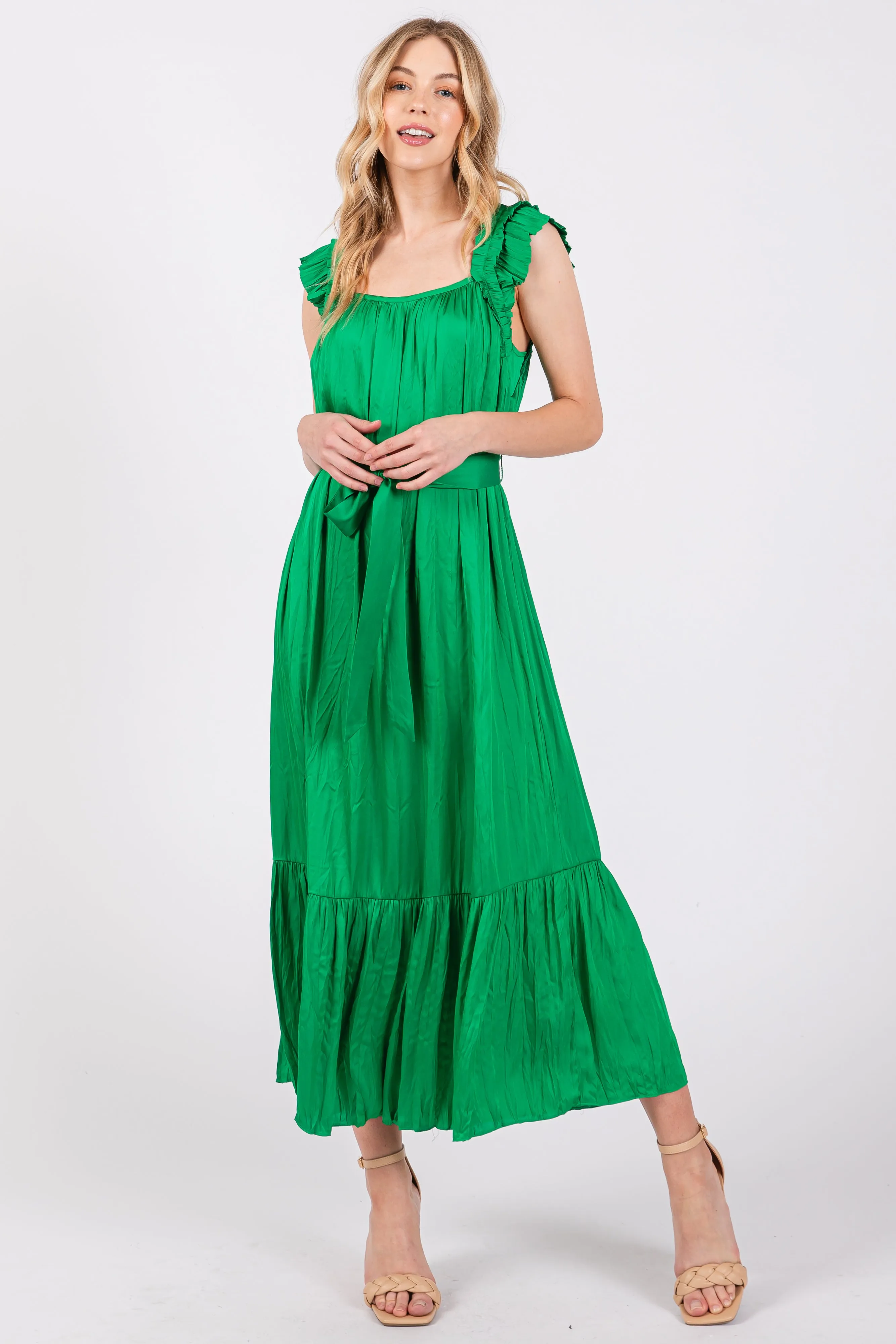 Green Ruffle Short Sleeve Self Tie Maternity Dress sold by Pinkblush product image thumbnail 3