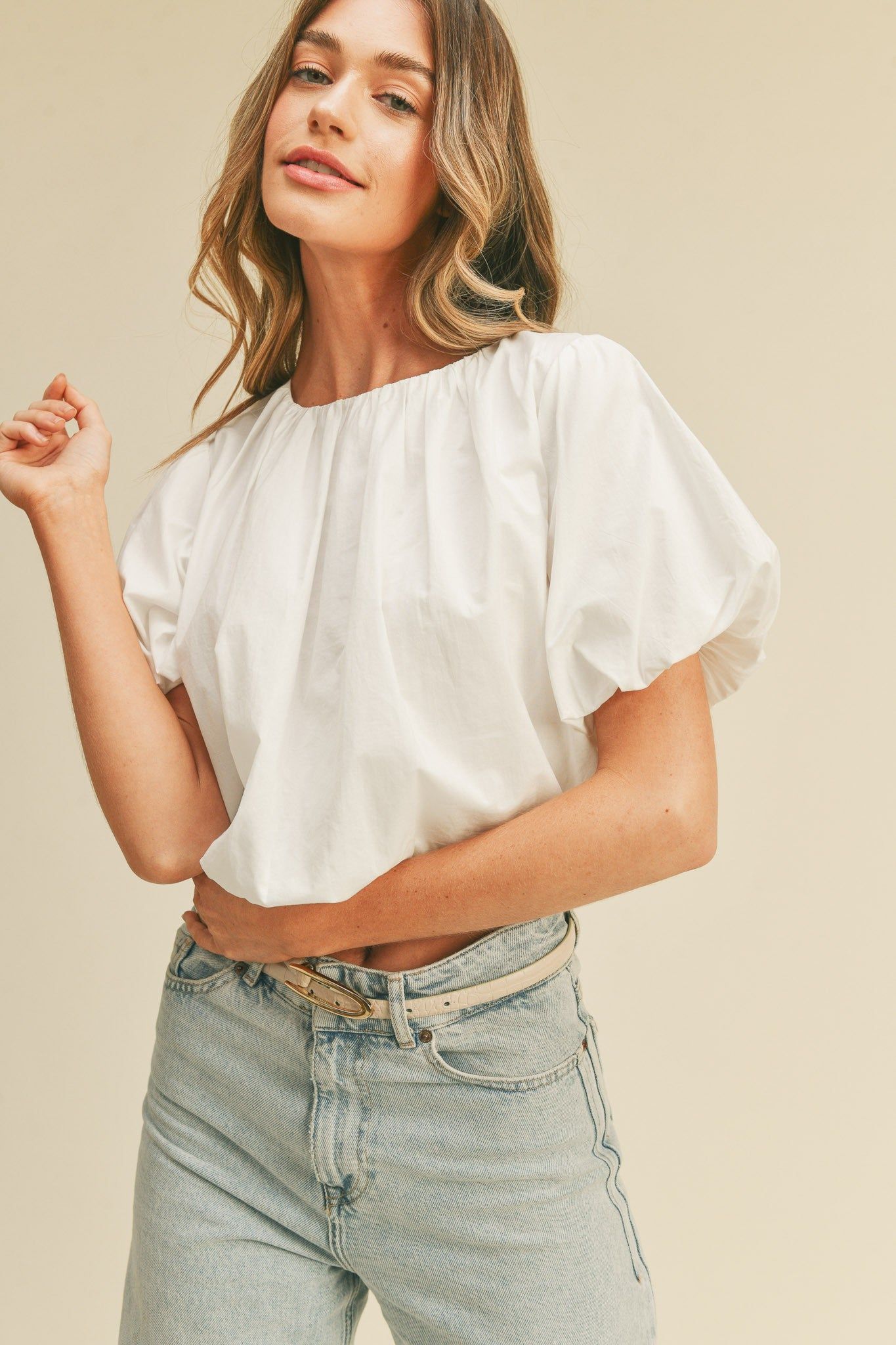 White Cropped Bubble Top sold by Pinkblush