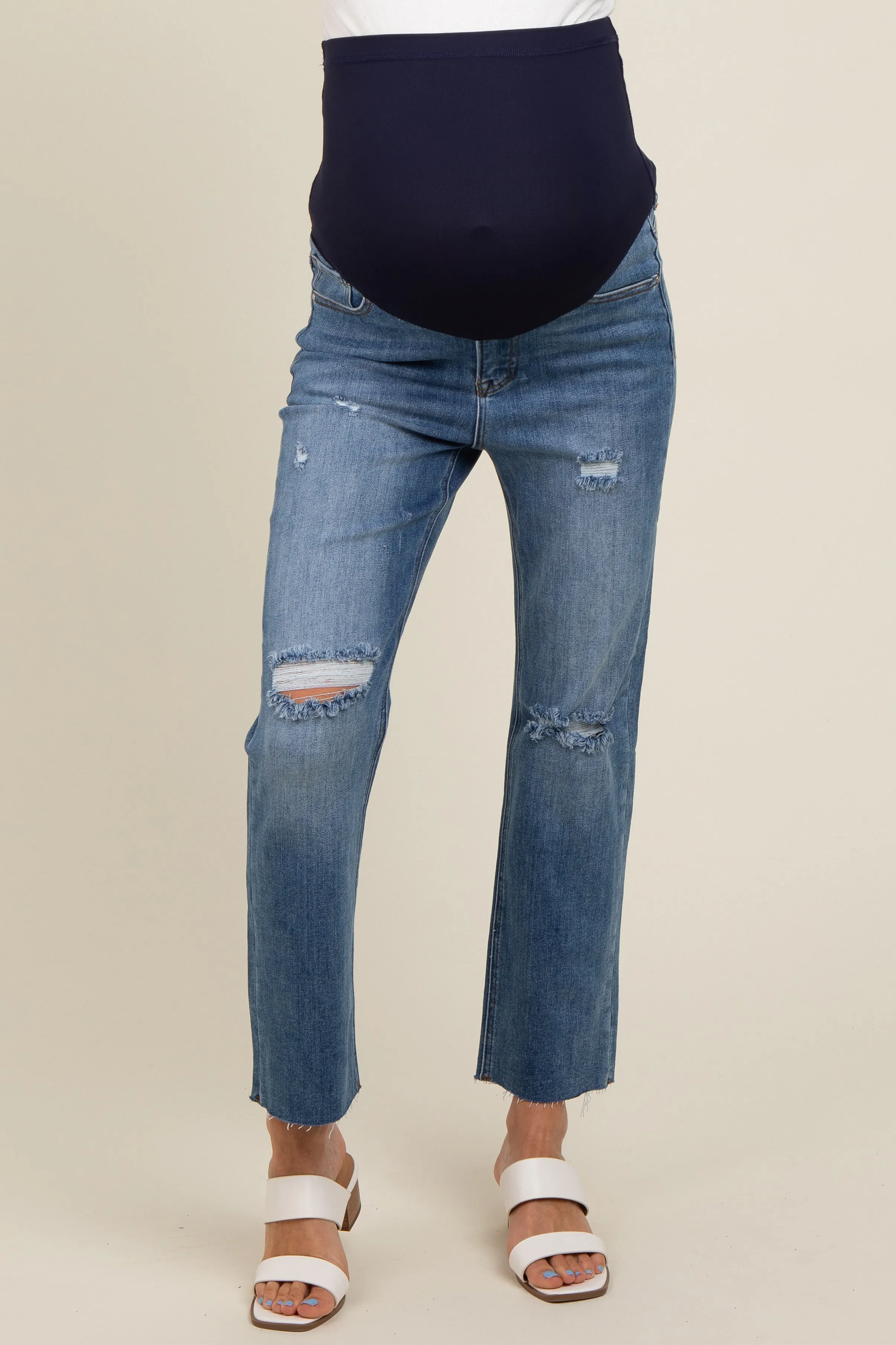 Blue Distressed Cut Hem Slim Straight Maternity Jeans sold by Pinkblush product image thumbnail 3