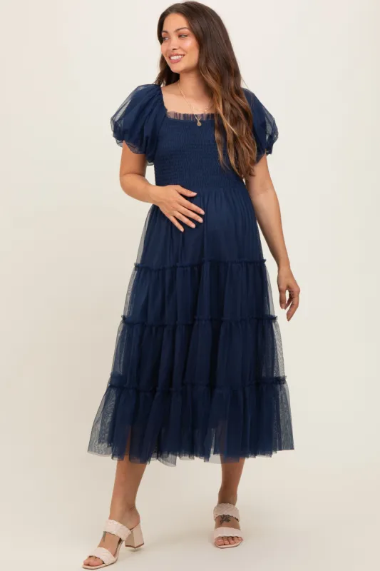 Navy Smocked Tiered Tulle Maternity Midi Dress sold by Pinkblush