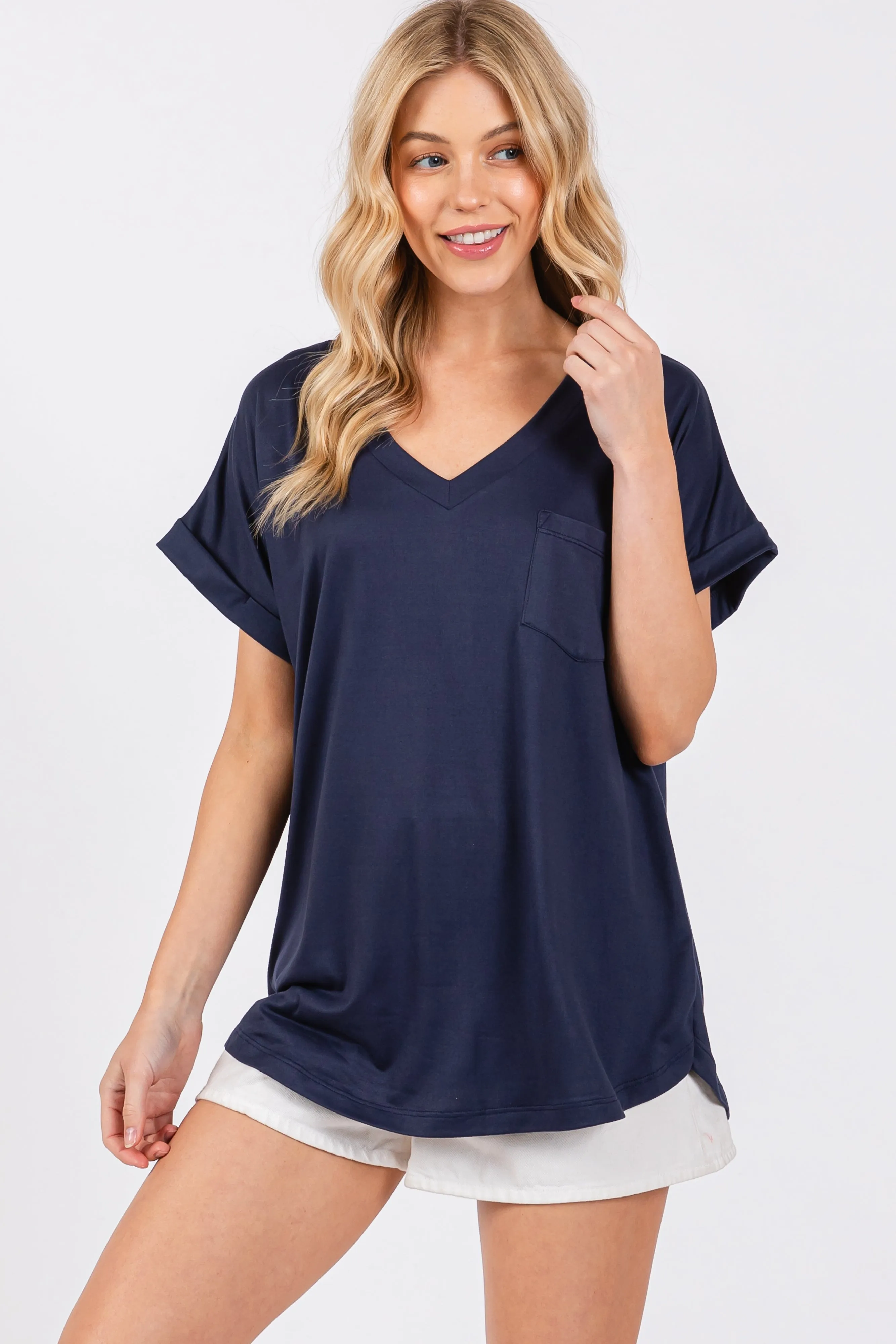 Navy V-Neck Pocket Short Sleeve Shirt sold by Pinkblush