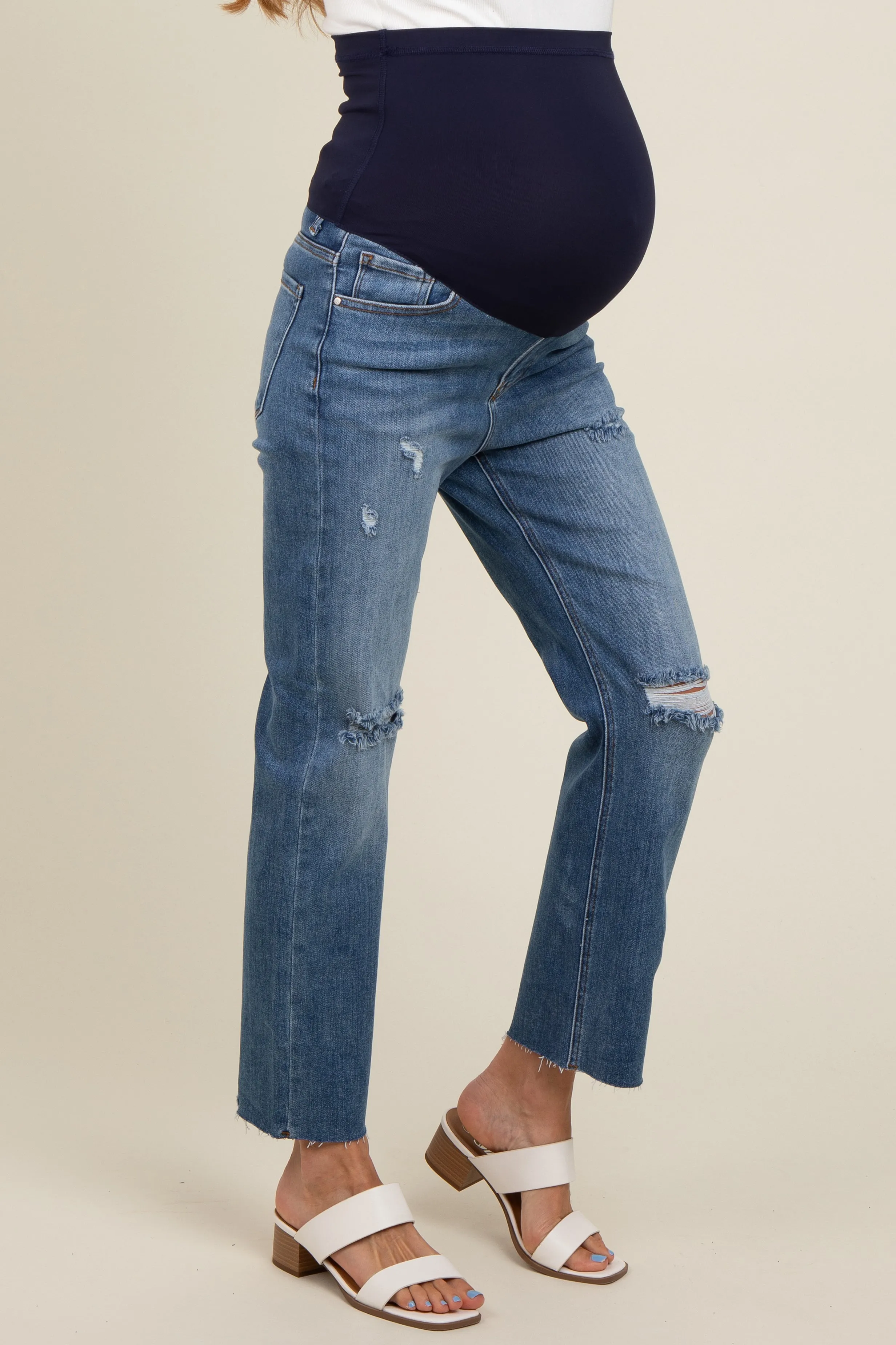 Blue Distressed Cut Hem Slim Straight Maternity Jeans sold by Pinkblush product image thumbnail 4