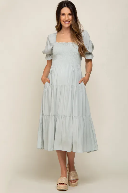 Mint Swiss Dot Smocked Maternity Midi Dress sold by Pinkblush