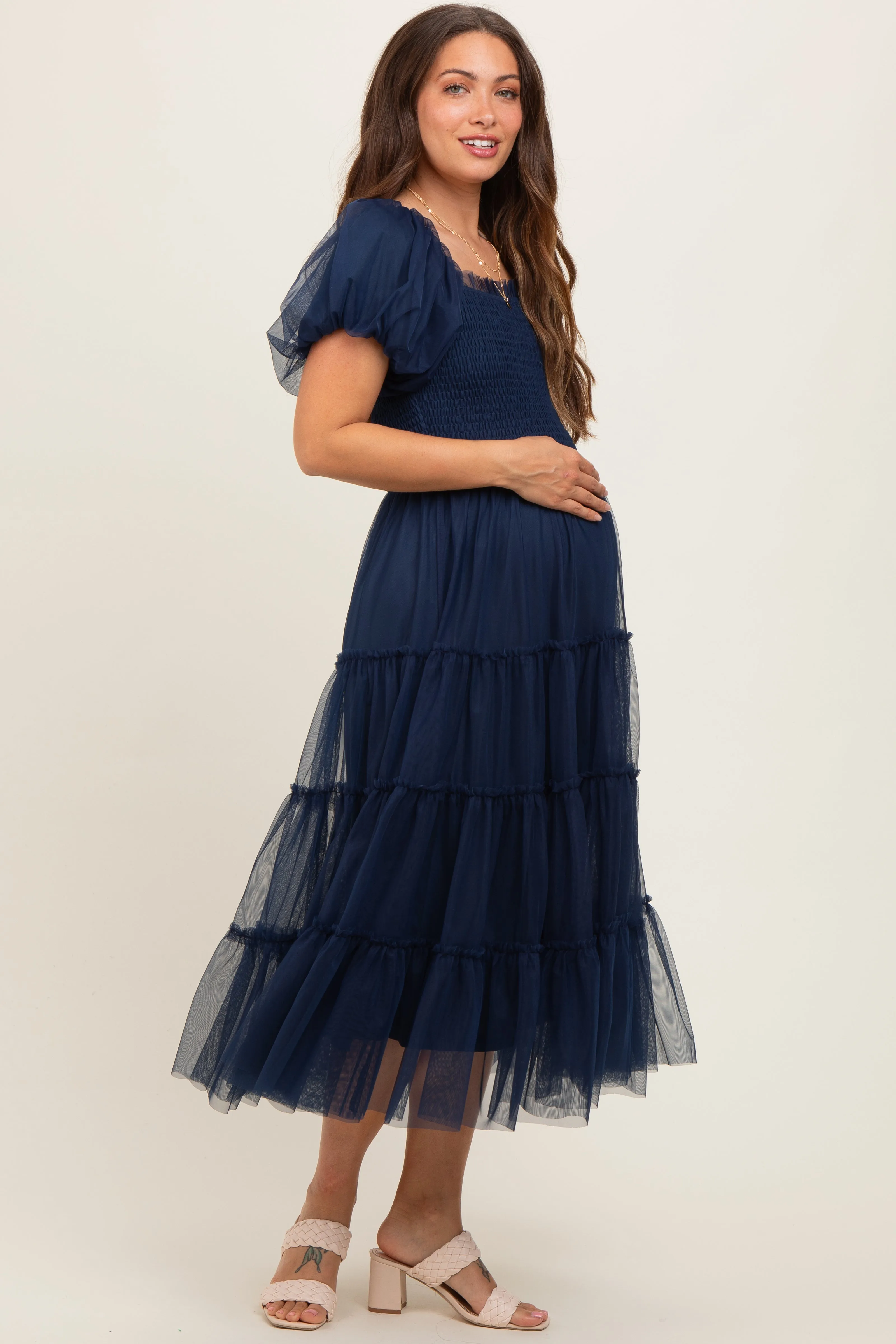 Navy Smocked Tiered Tulle Maternity Midi Dress sold by Pinkblush product image thumbnail 2
