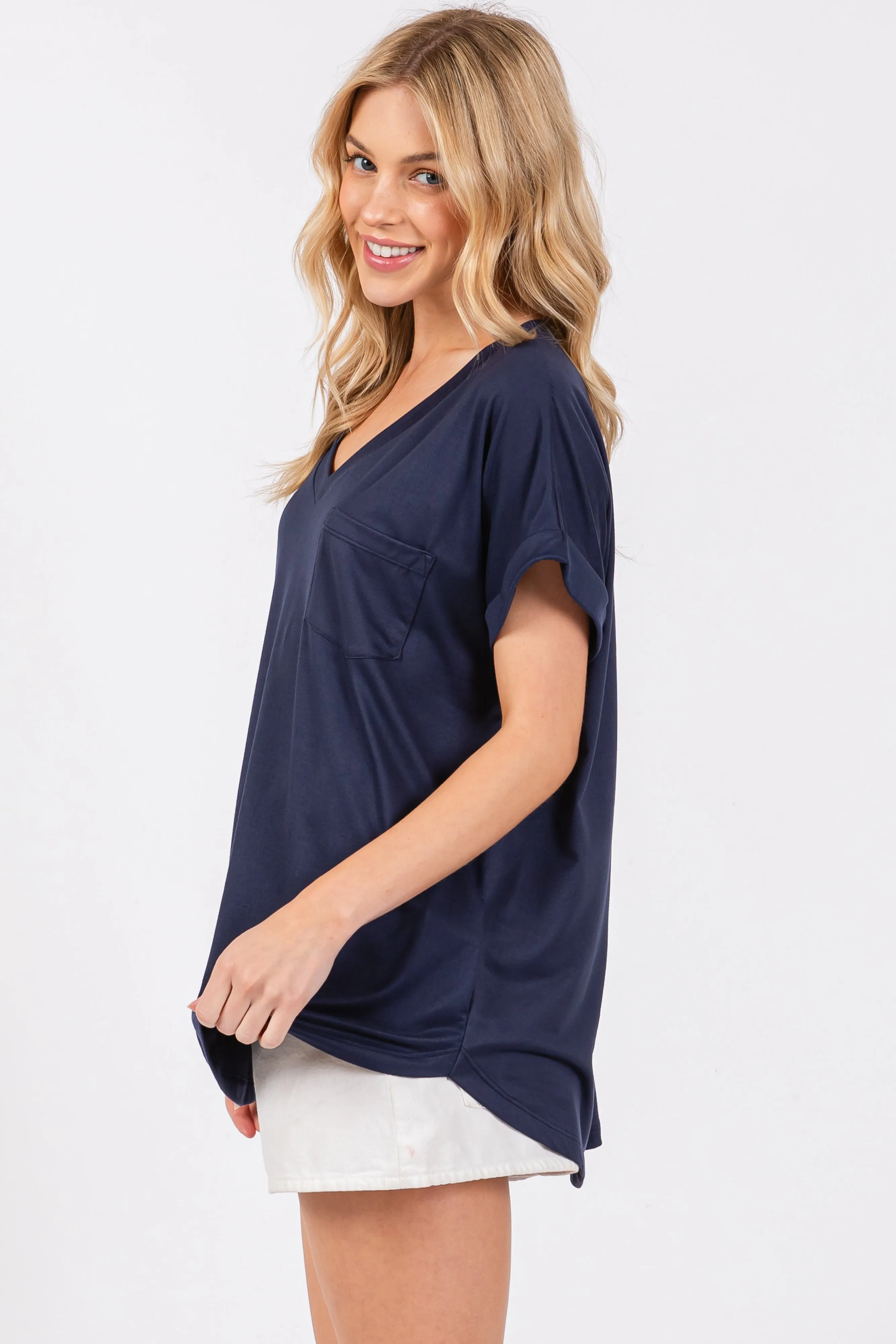 Navy V-Neck Pocket Short Sleeve Shirt sold by Pinkblush product image thumbnail 2