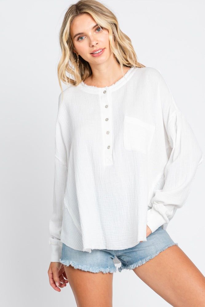 White Front Button Drop Shoulder Long Sleeve Top sold by Pinkblush