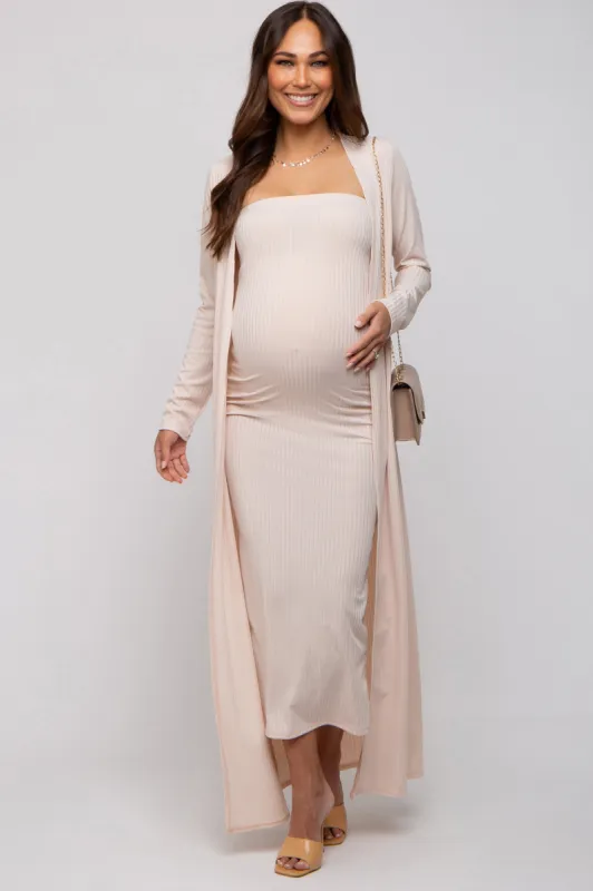 Cream Ribbed Sleeveless Dress Cardigan Maternity Set sold by Pinkblush