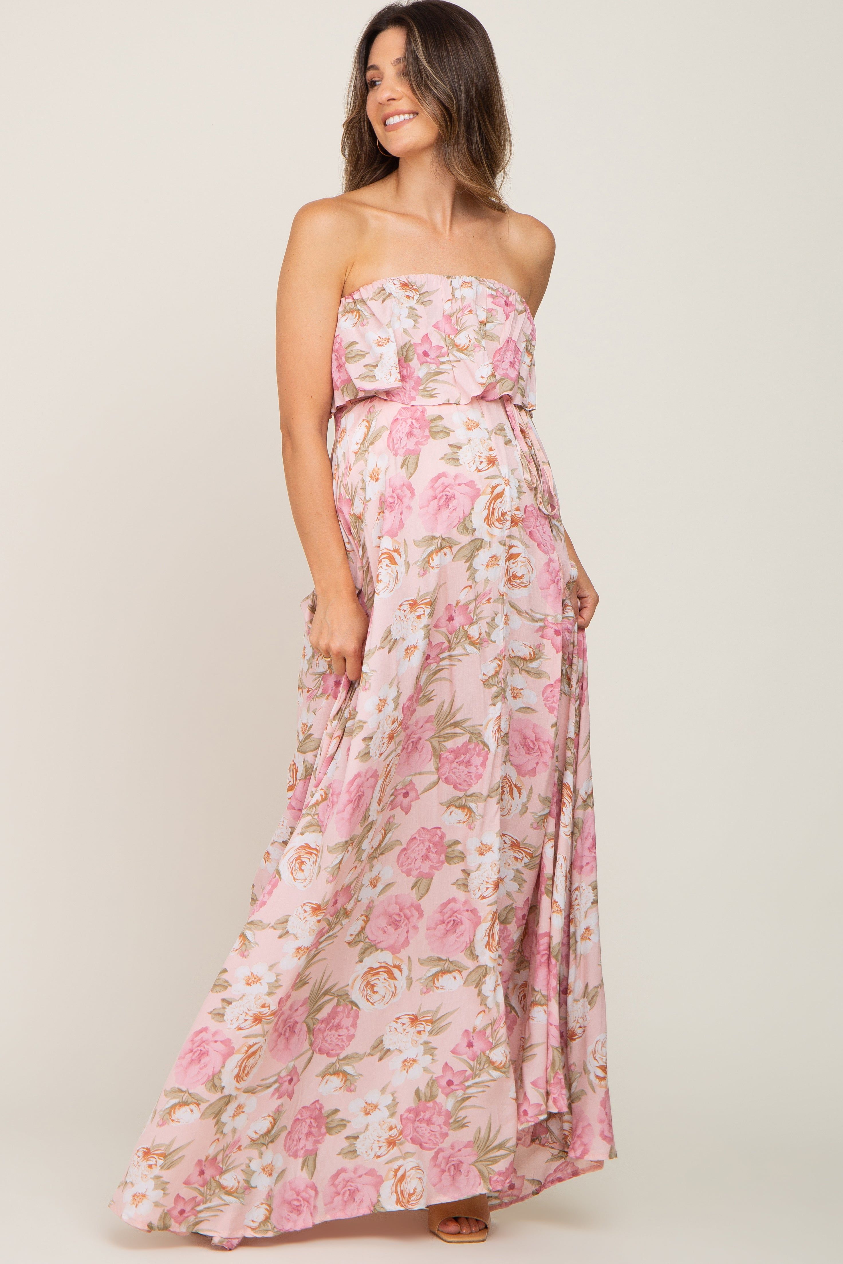 Light Pink Floral Strapless Ruffle Front Maternity Maxi Dress sold by Pinkblush product image thumbnail 4