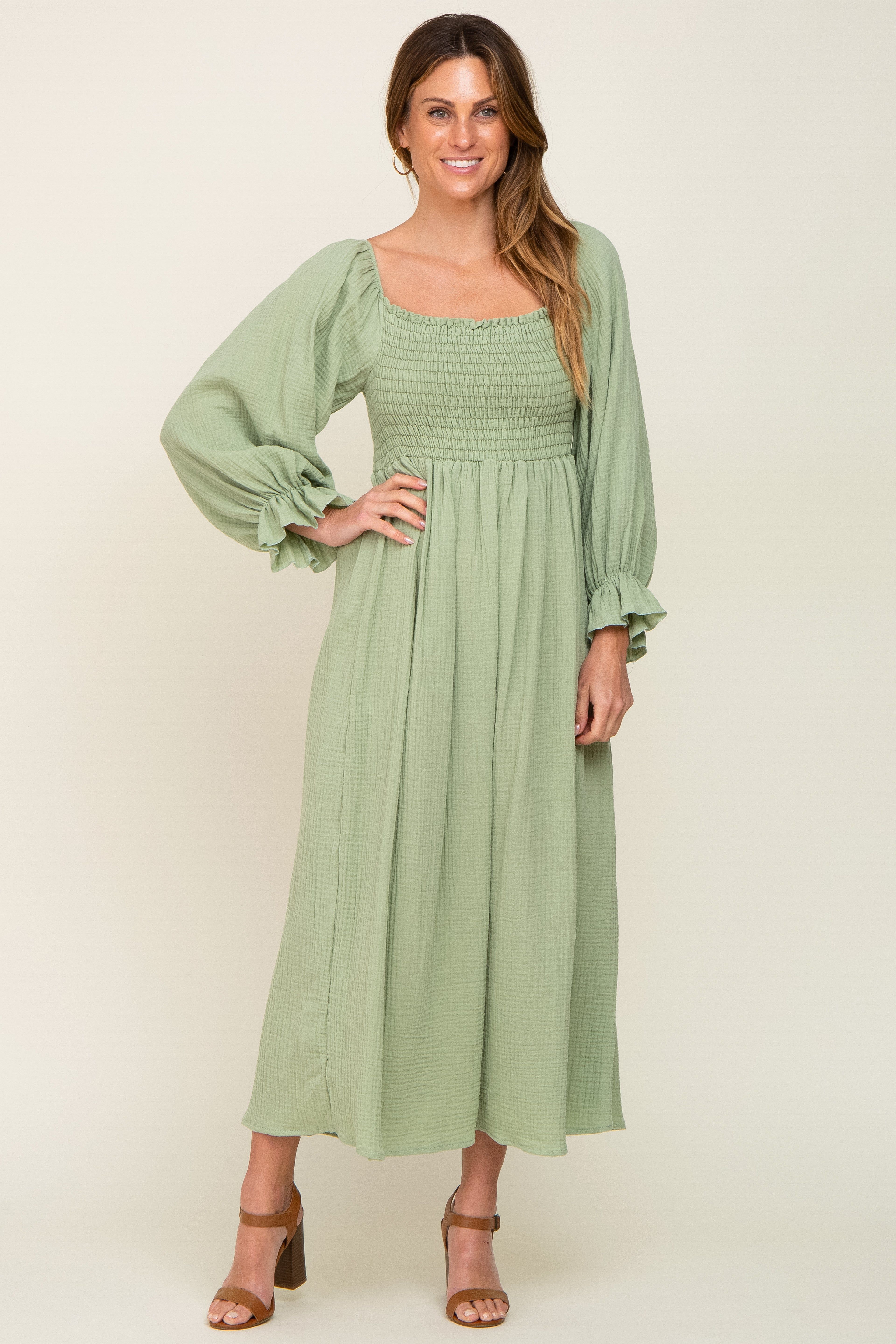 Light Green Gauze Smocked Midi Dress sold by Pinkblush product image thumbnail 4