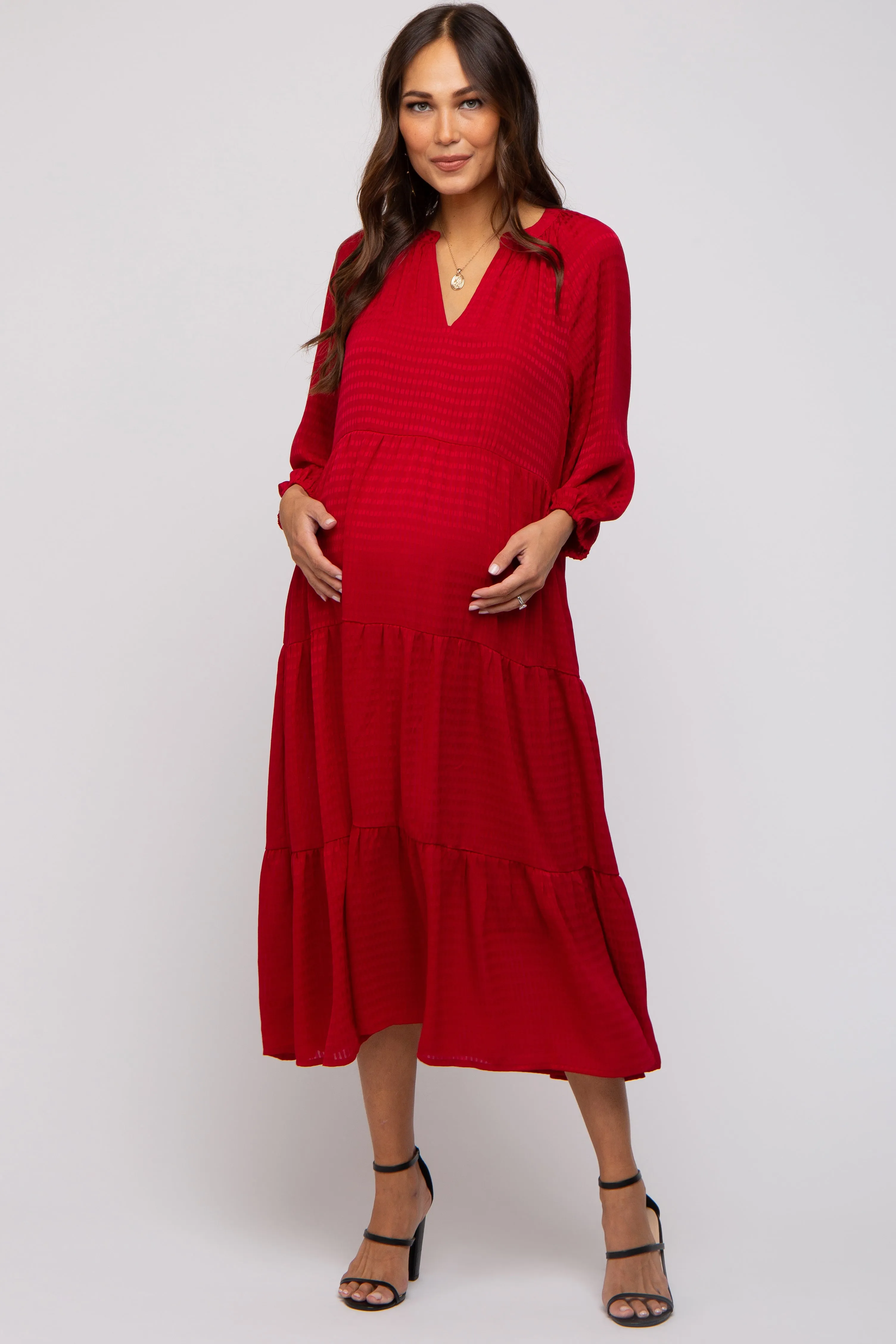 Red Textured Tiered Maternity Midi Dress sold by Pinkblush product image thumbnail 5