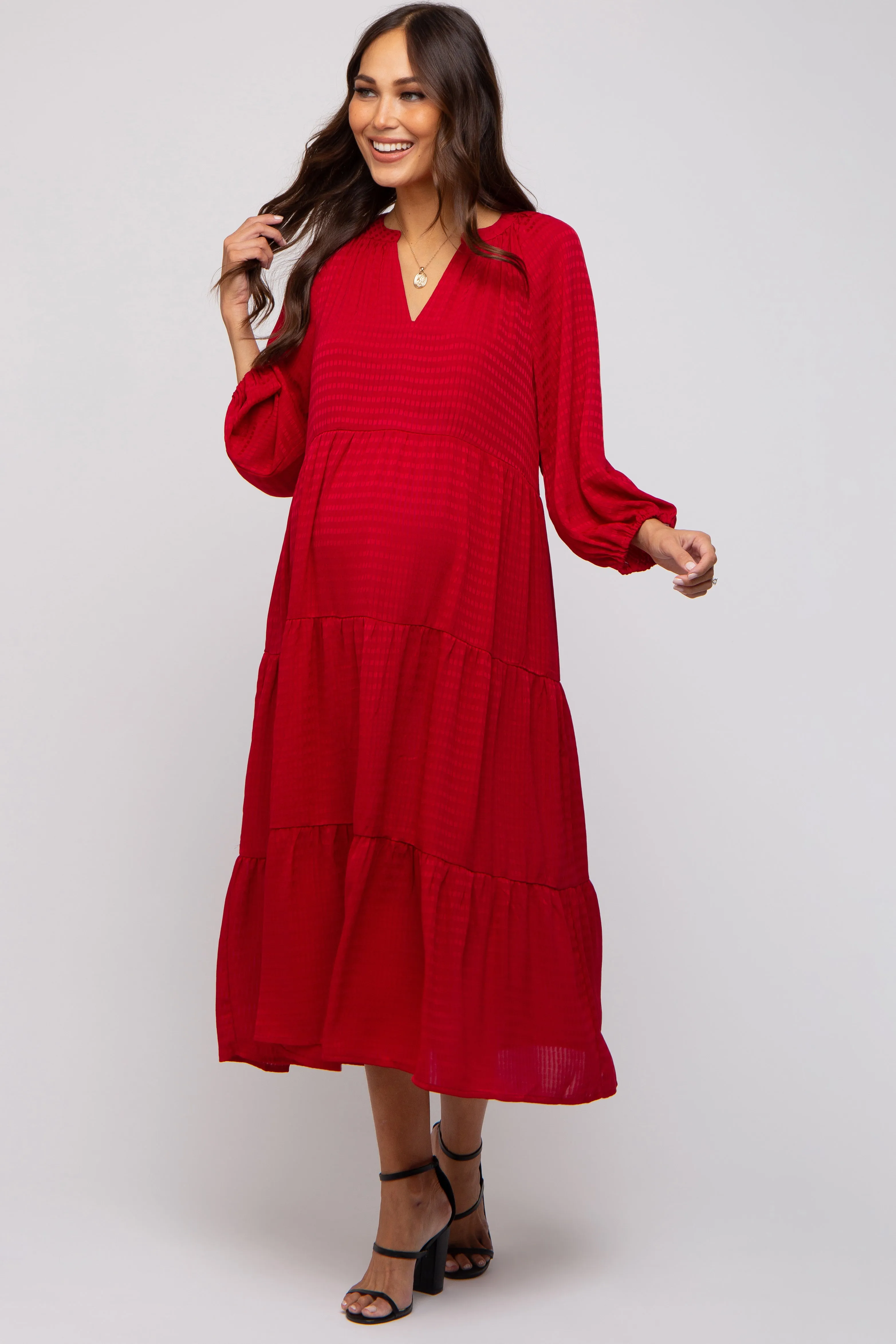 Red Textured Tiered Maternity Midi Dress sold by Pinkblush product image thumbnail 2