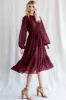 Burgundy Swiss Dot Ruffle Accent Midi Dress sold by Pinkblush