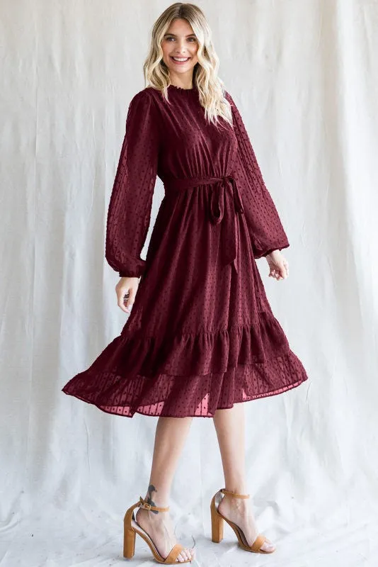 Burgundy Swiss Dot Ruffle Accent Midi Dress sold by Pinkblush product image thumbnail 2