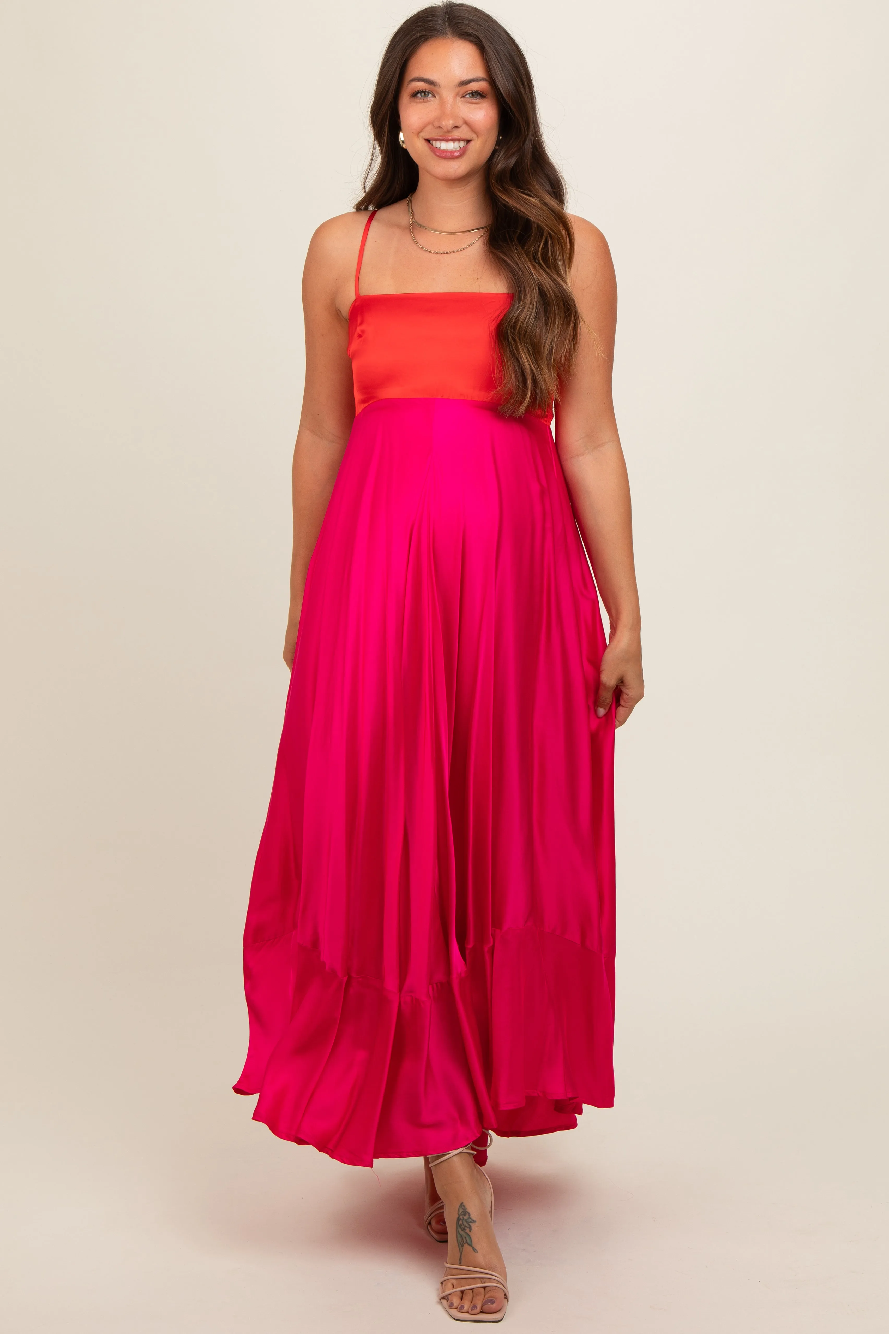Fuchsia Colorblock Sleeveless Satin Maternity Dress sold by Pinkblush product image thumbnail 2