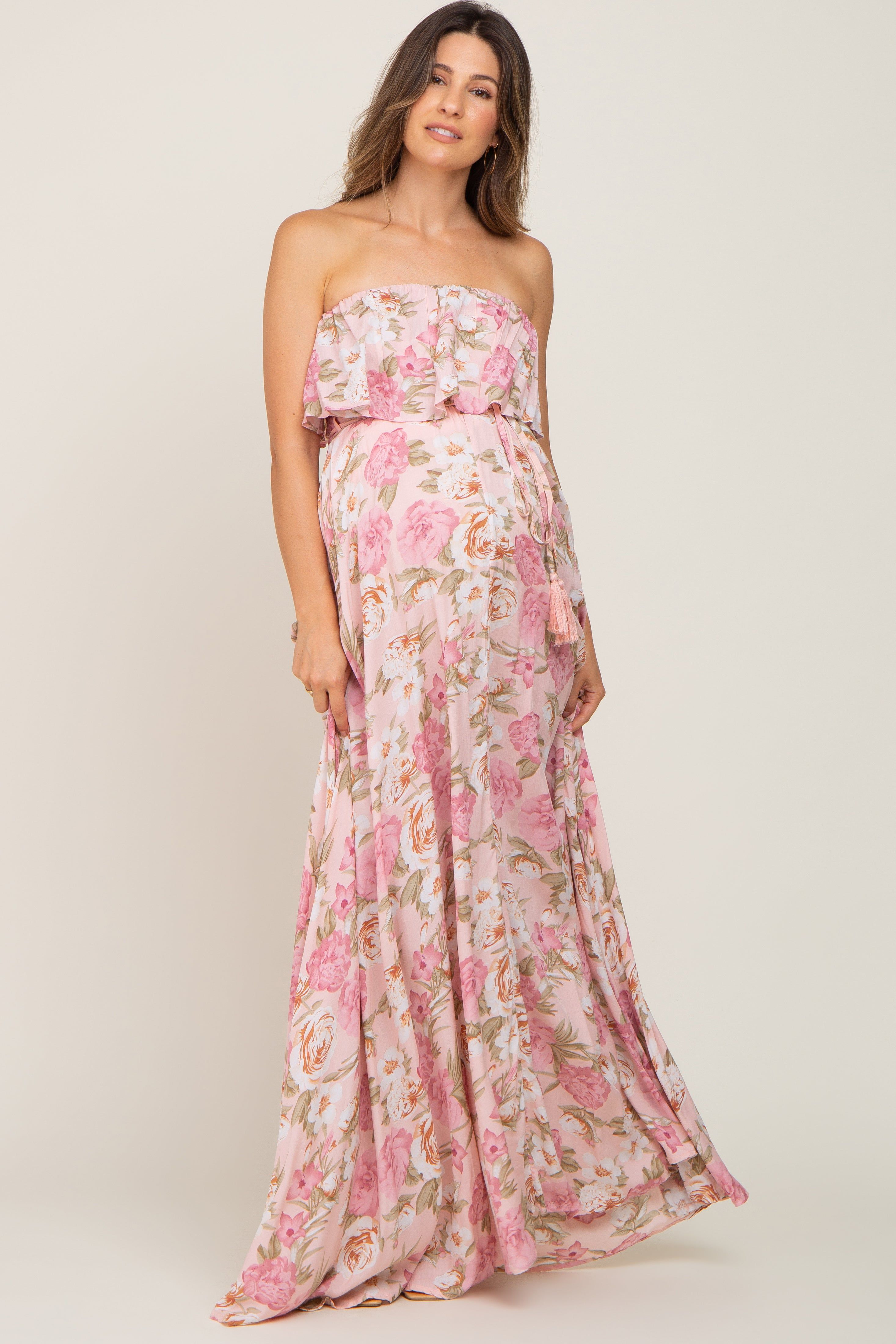 Light Pink Floral Strapless Ruffle Front Maternity Maxi Dress sold by Pinkblush product image thumbnail 5