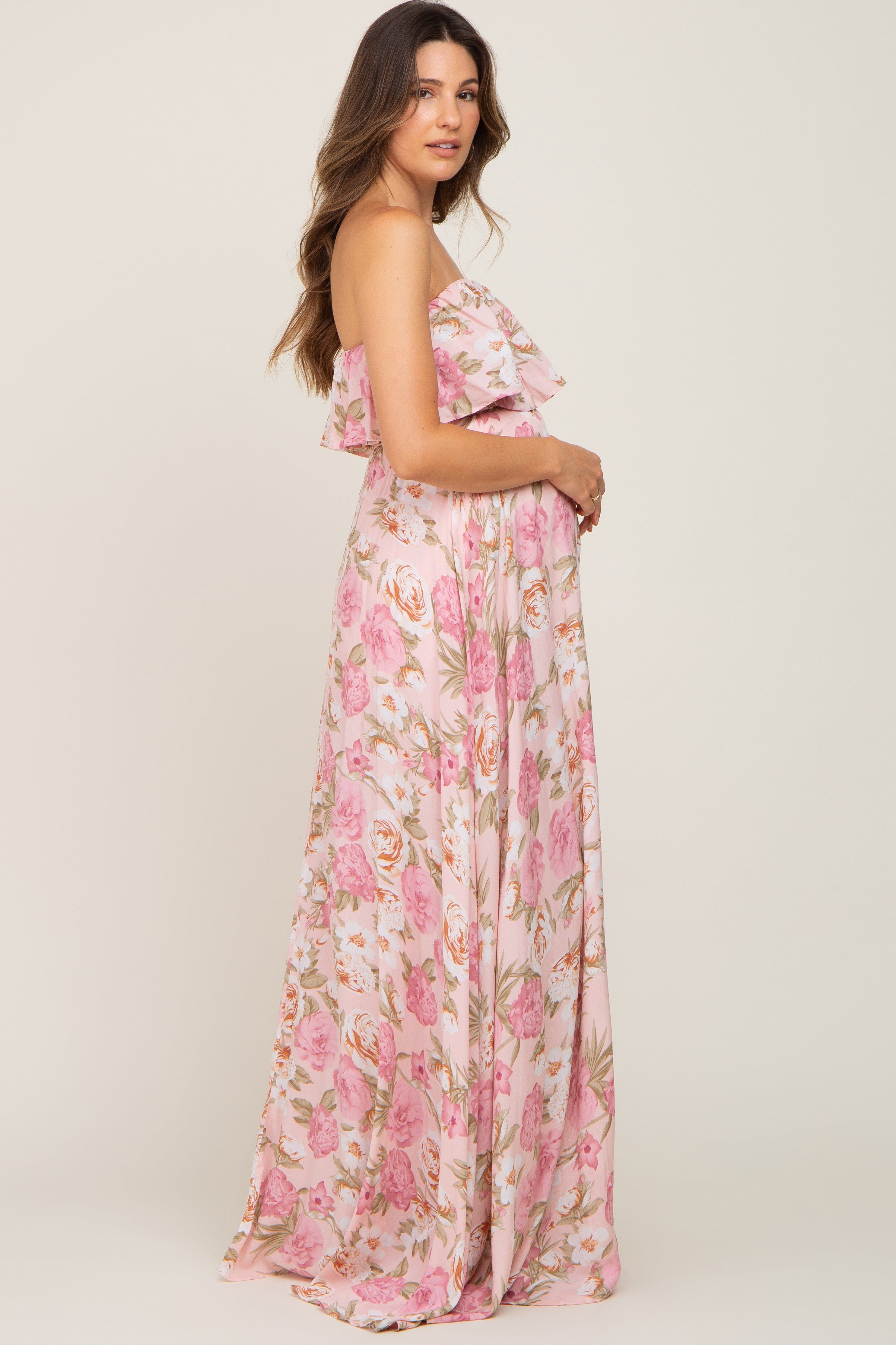 Light Pink Floral Strapless Ruffle Front Maternity Maxi Dress sold by Pinkblush product image thumbnail 2