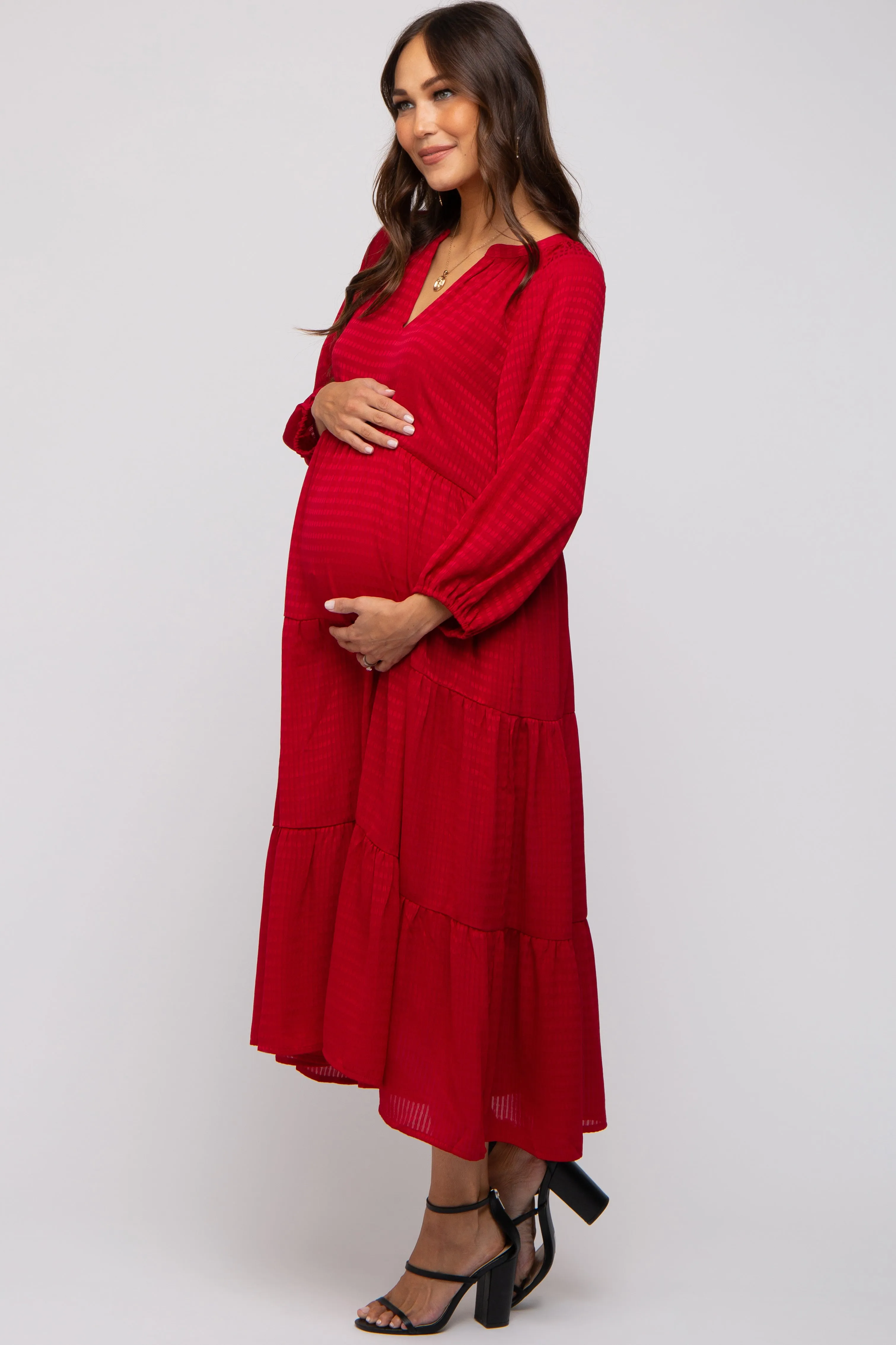 Red Textured Tiered Maternity Midi Dress sold by Pinkblush product image thumbnail 3